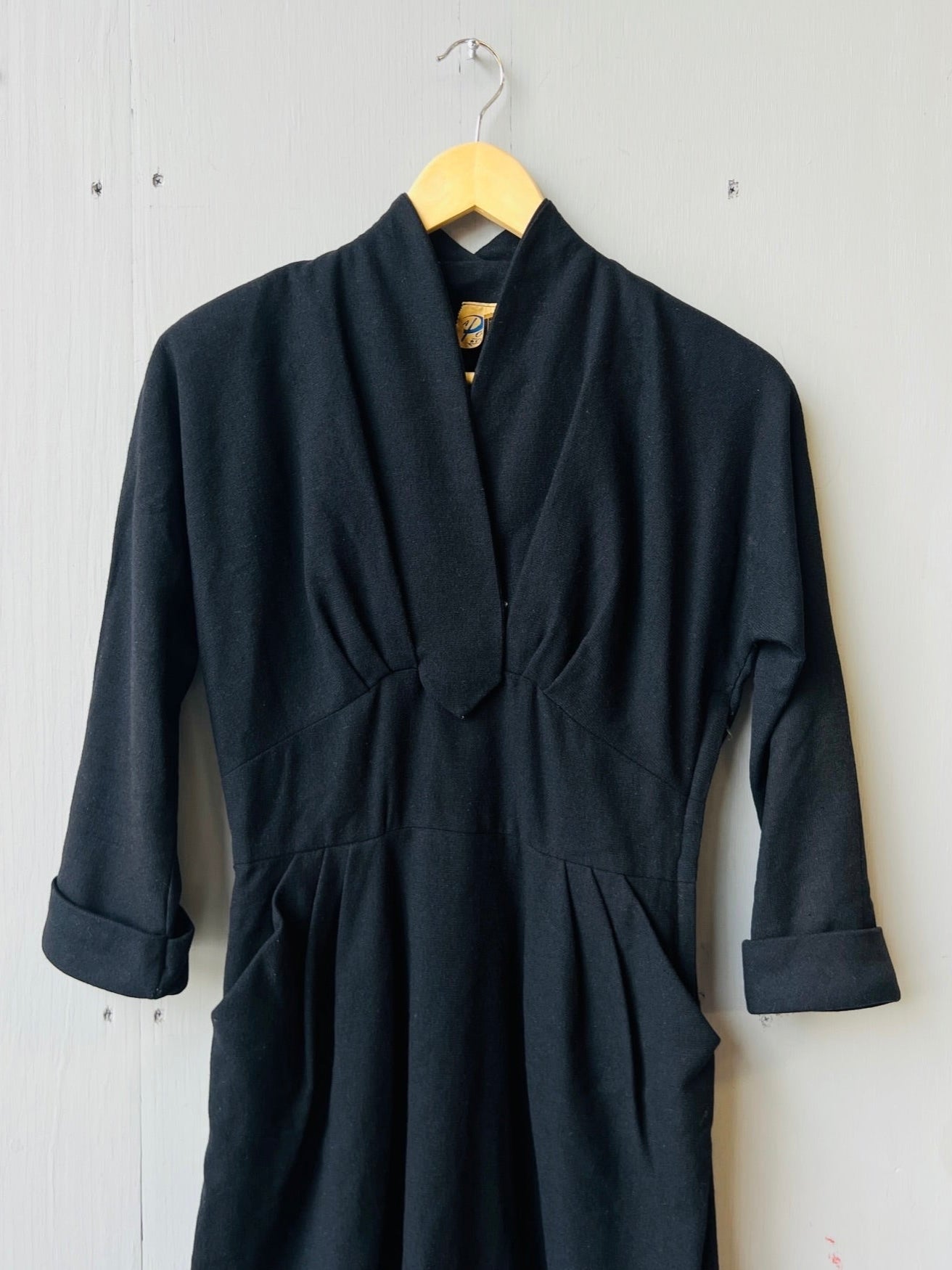 Vintage 1950s Pomette Black Wool Fitted Cocktail Dress | Small