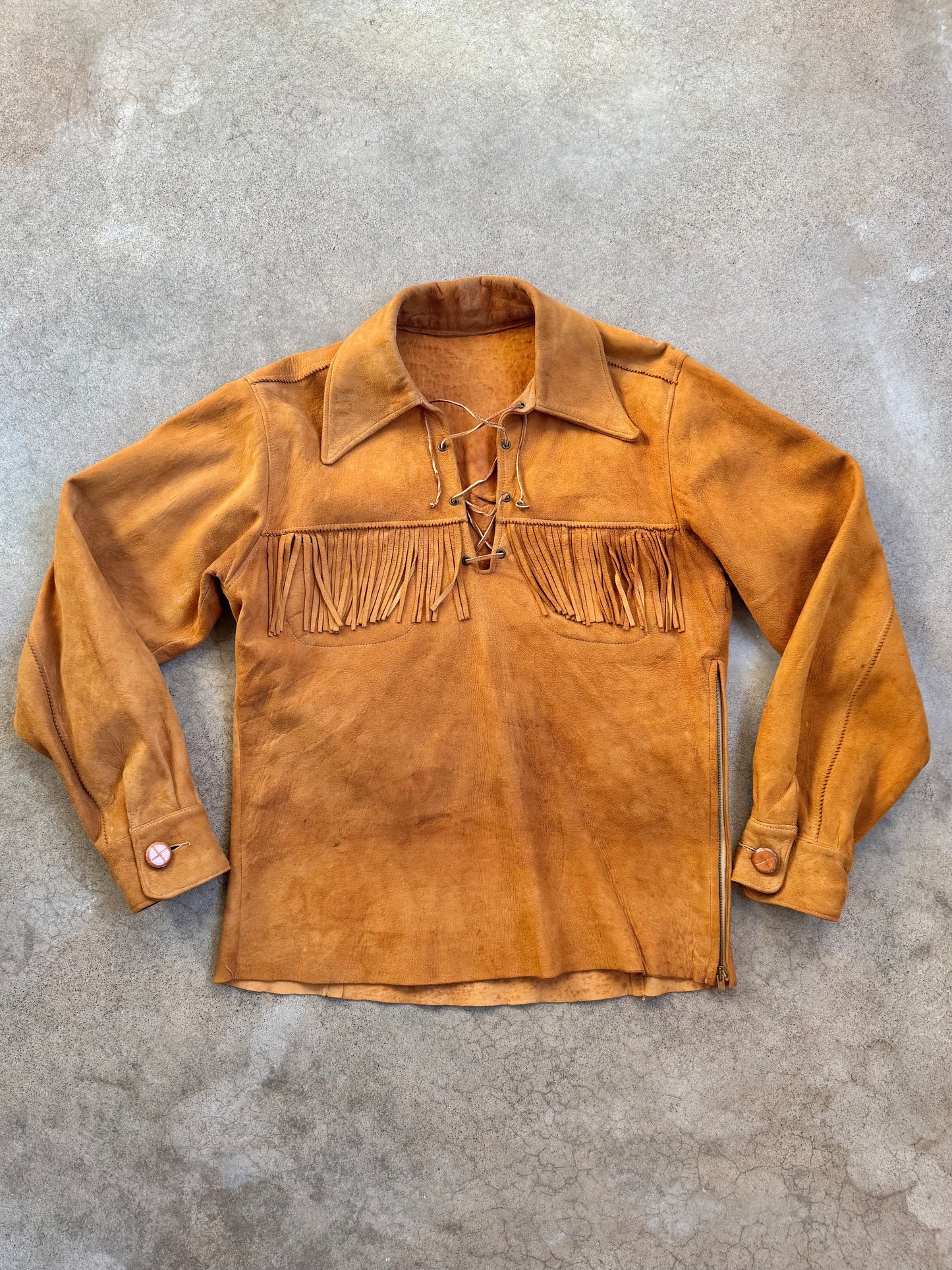 Vintage 1970s Handmade Deerskin Suede Leather Lace-Up Fringe Shirt | M/L