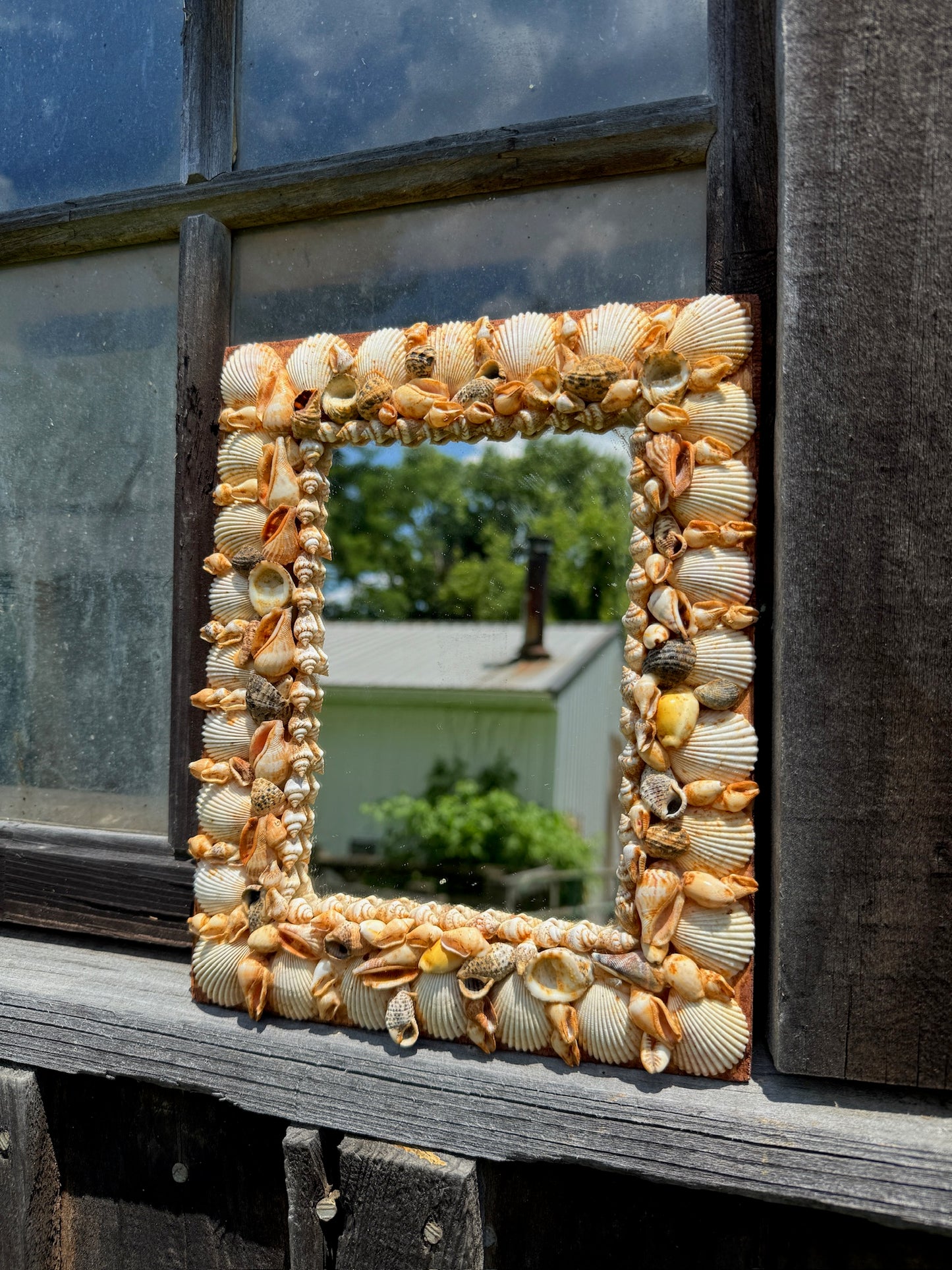 Vintage 1950s Seashell Frame Folk Art Wall Mirror