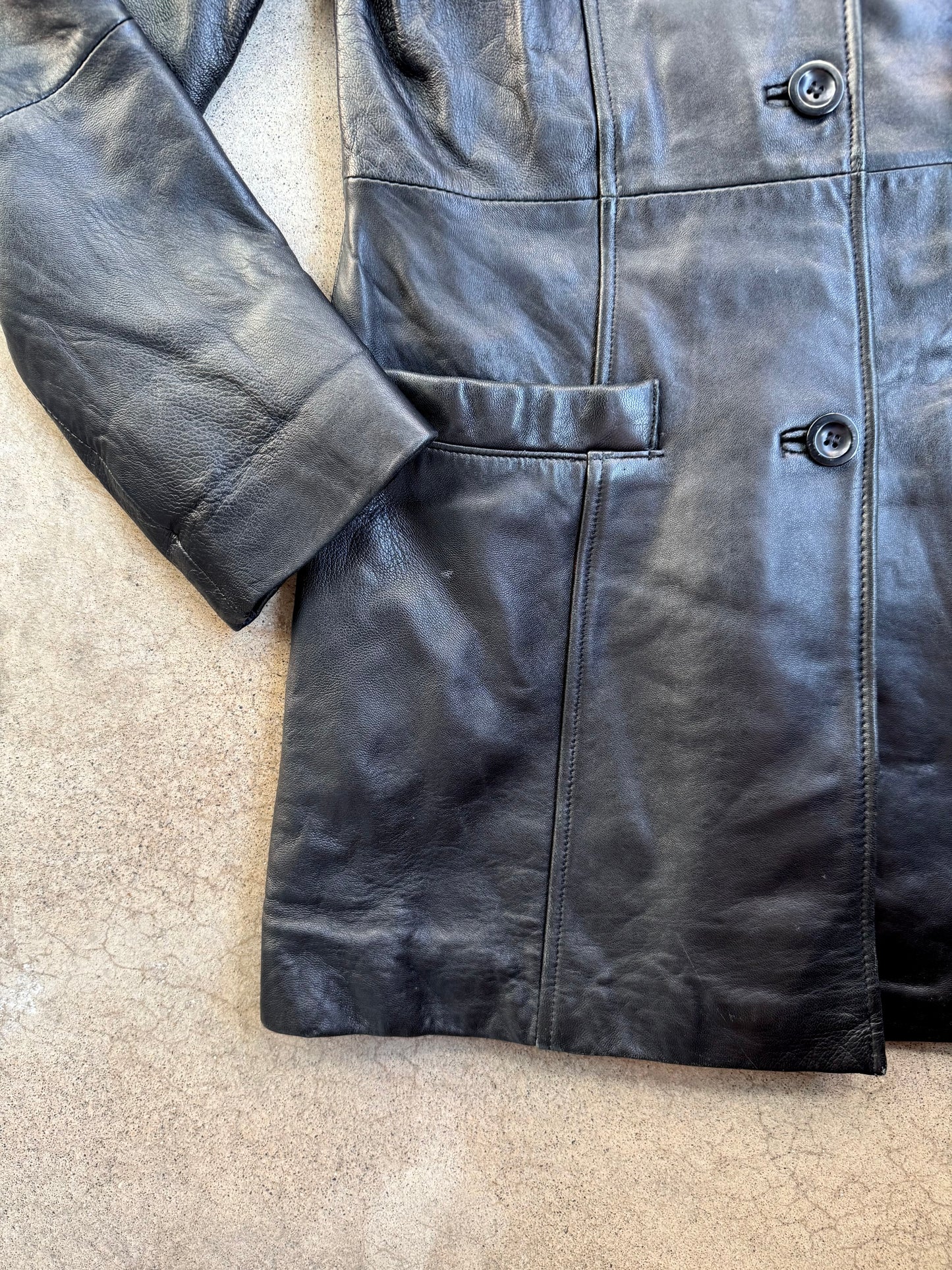 Vintage 1990s Jones New York Black Leather Button-Up Jacket | Small