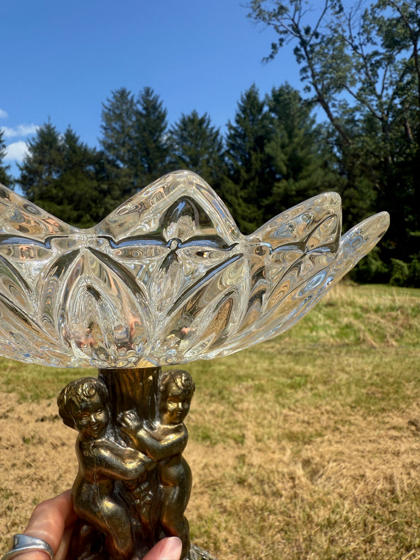 Vintage 1950s Brass & Crystal Pedestal Cherub Dish