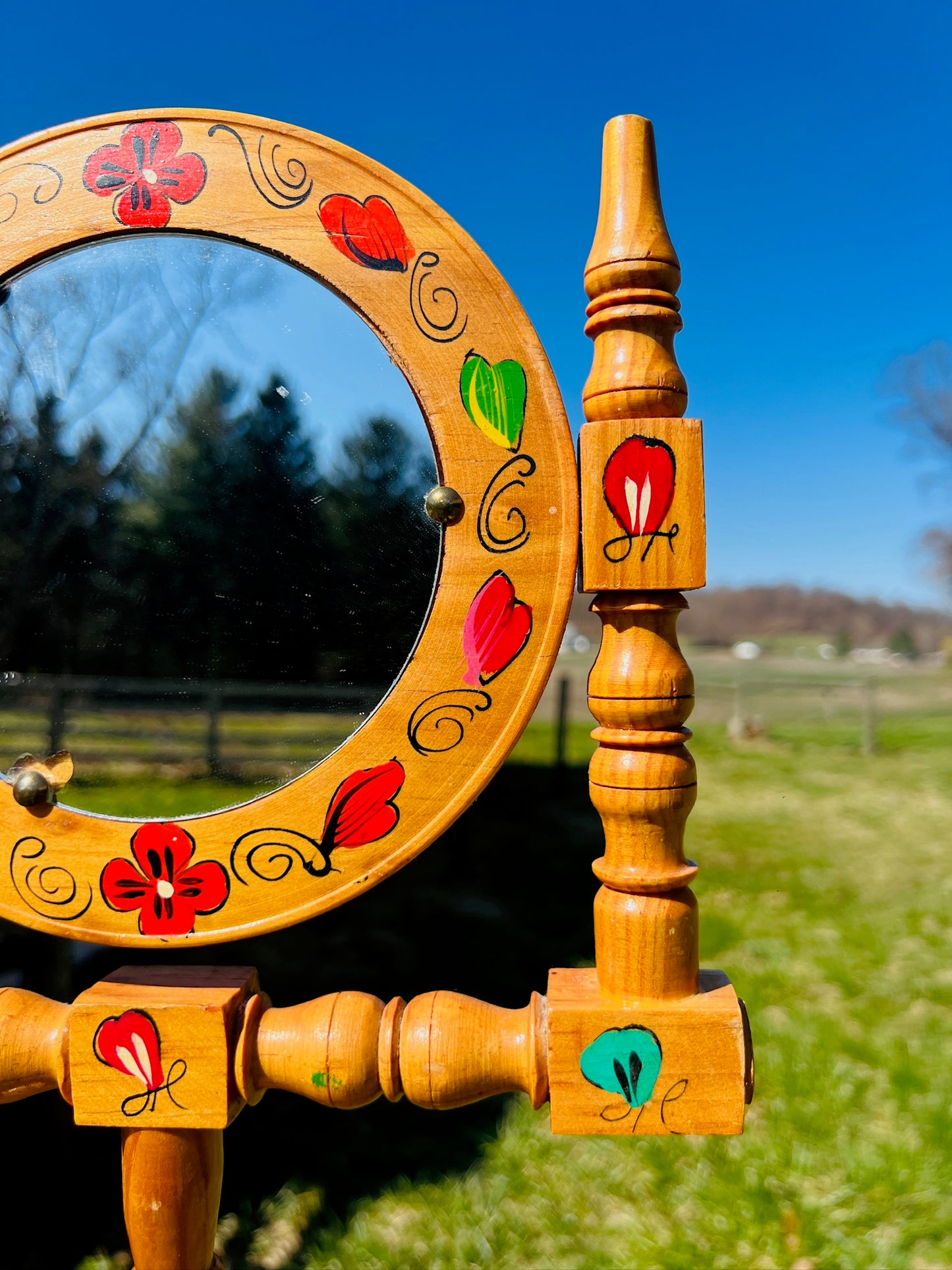 Wood Carved Mexico Painted Folk Art Vanity Mirror