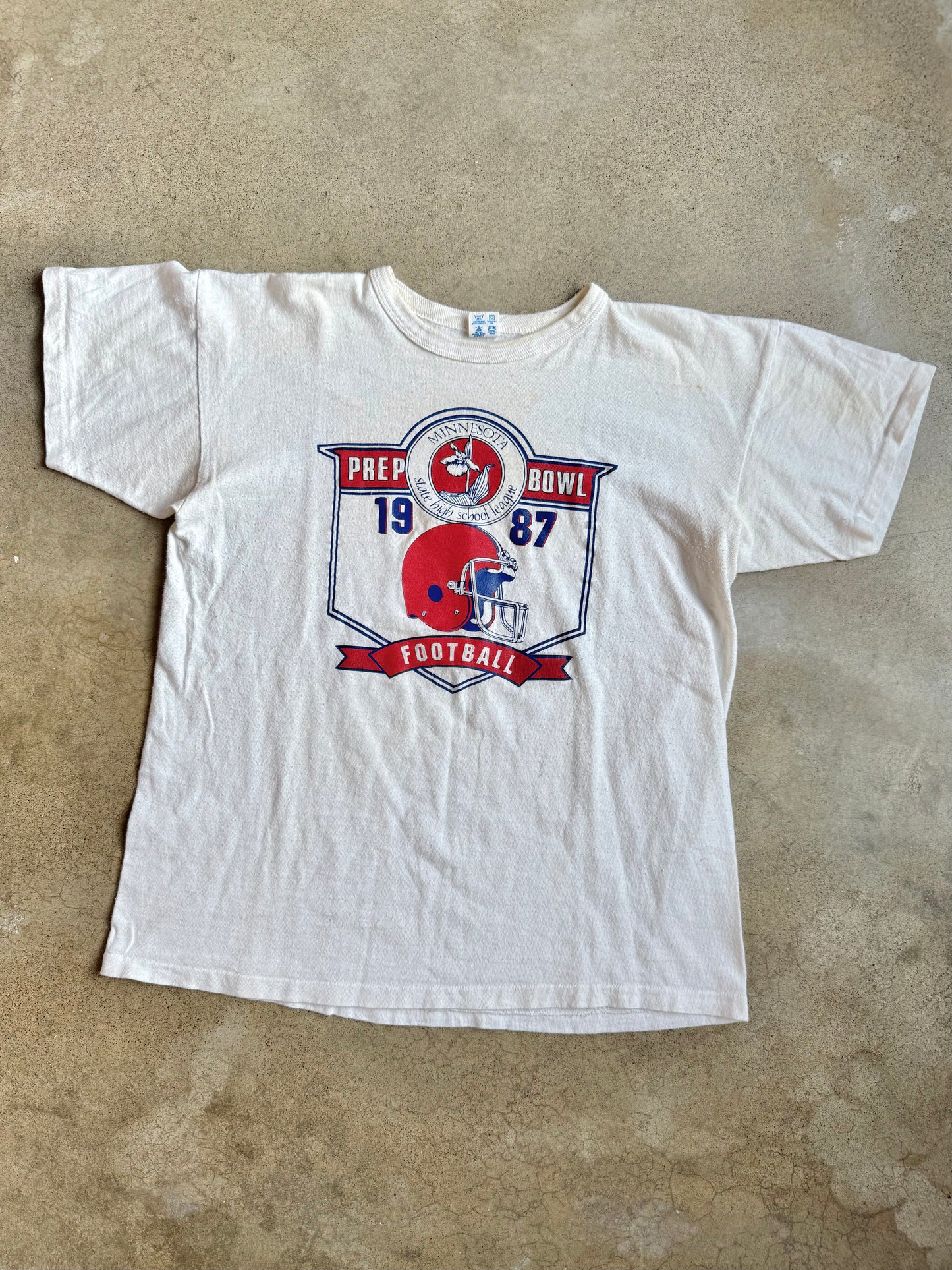 Vintage 1980s Champion Minnesota State High School League Prep Bowl White Cotton Tee | XL