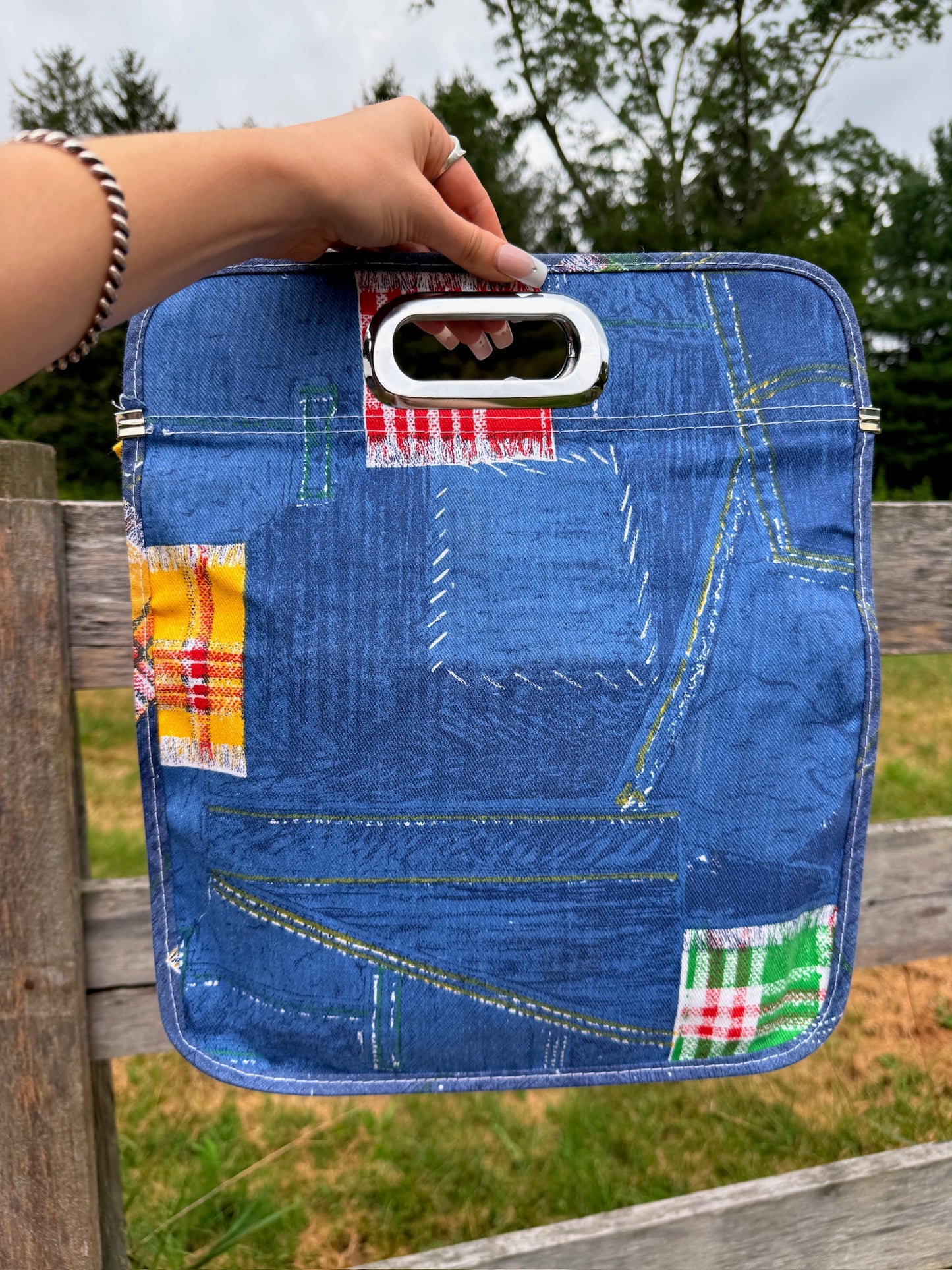 Vintage 1970s Printed Denim Top Handle Tote Bag