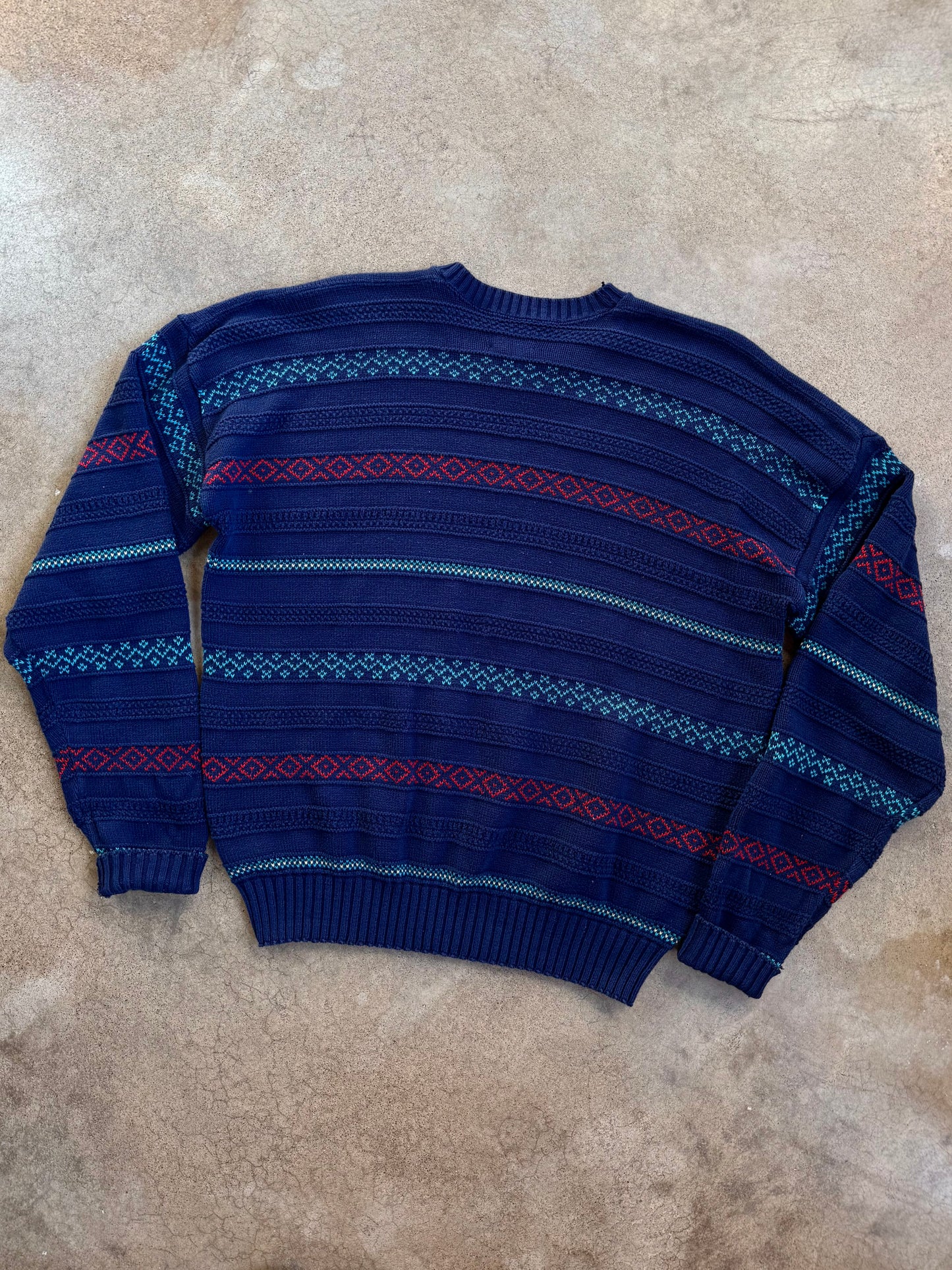 Vintage 1980s Robert Bruce Blue Patterned Cotton Knit Crewneck Sweater | XL