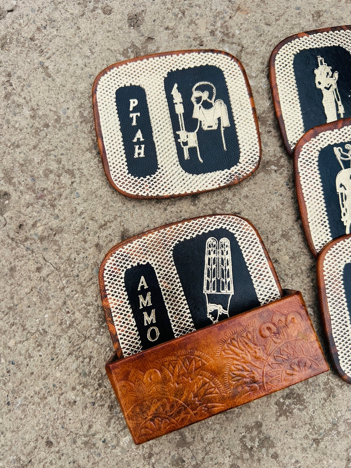 Vintage 1980s Egyptian God Leather Coaster Set