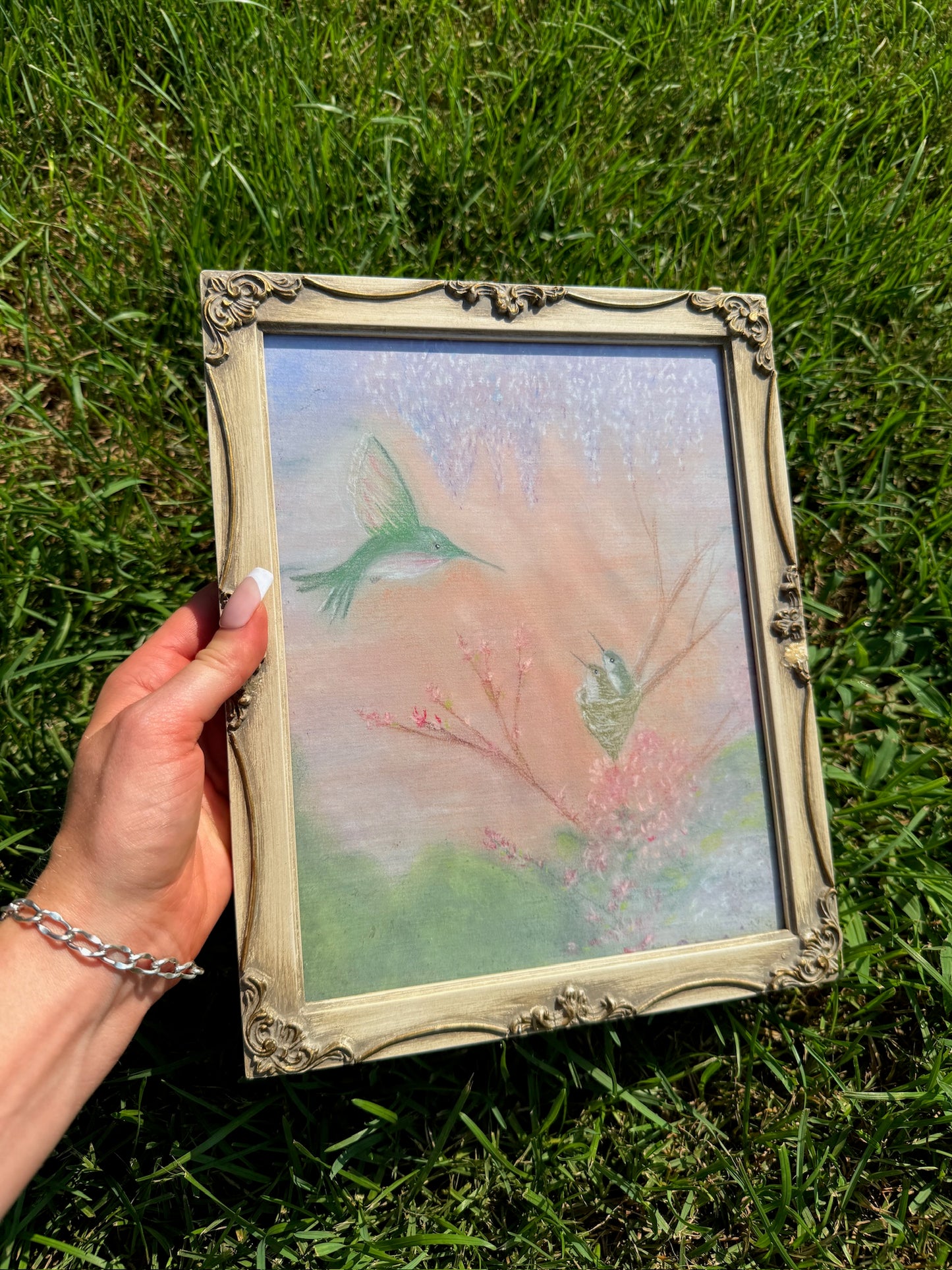 Vintage 1950s Framed Hummingbird + Nest Drawing Artwork