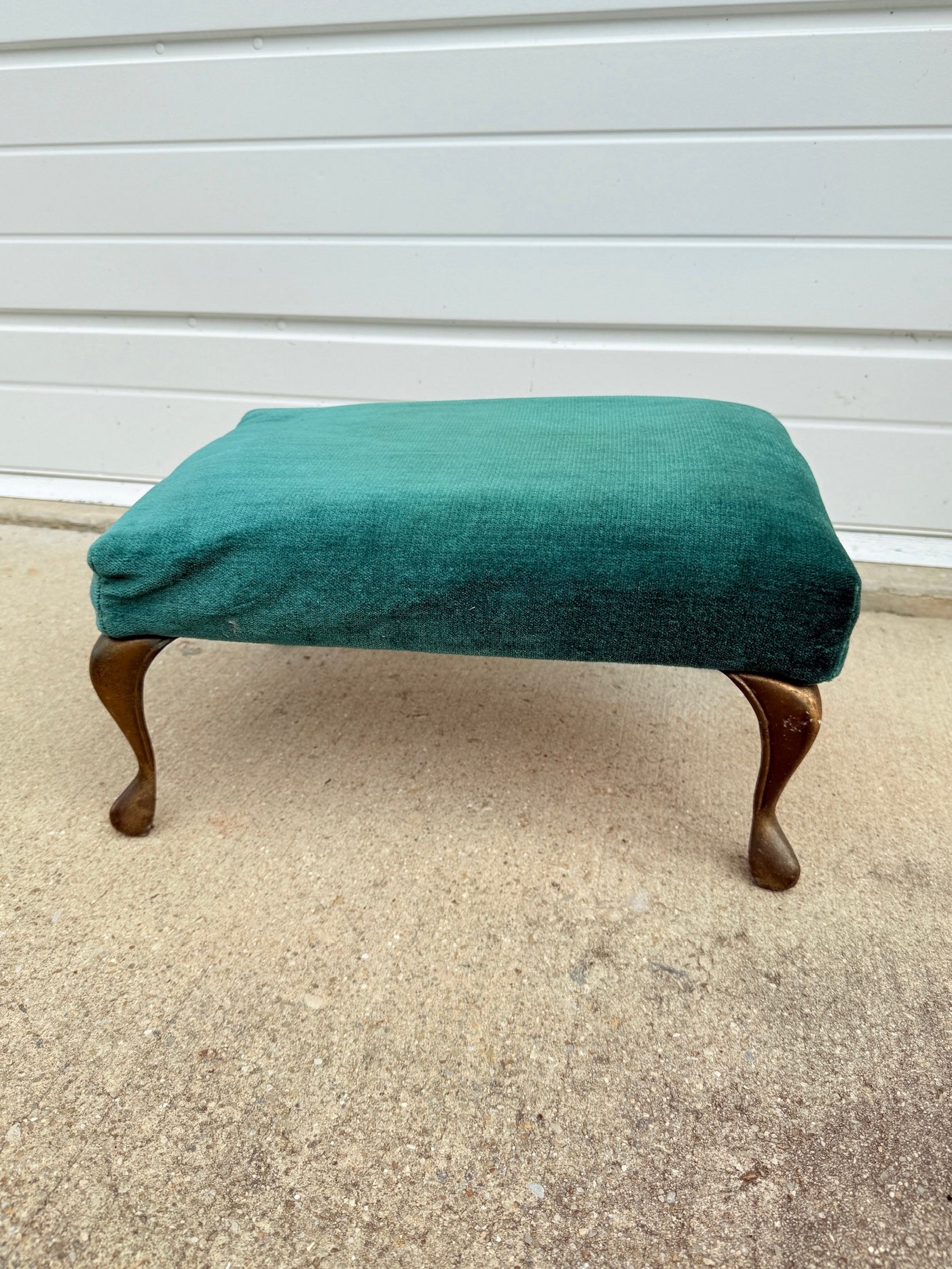 Vintage 1950s Brass Footed Green Velvet Footstool