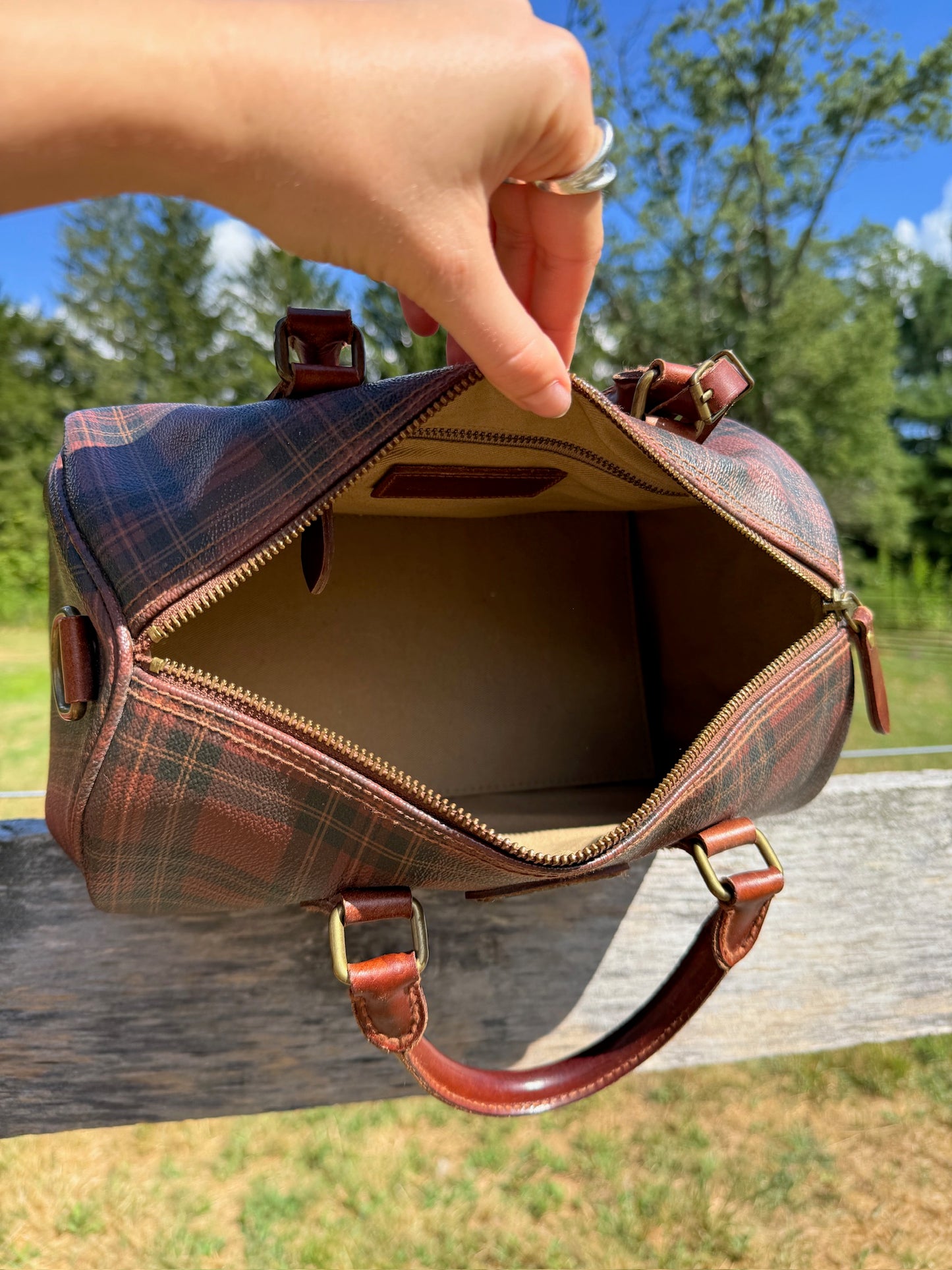Vintage 1990s Polo Ralph Lauren Brown-Tone Plaid Leather Top Handle Bag