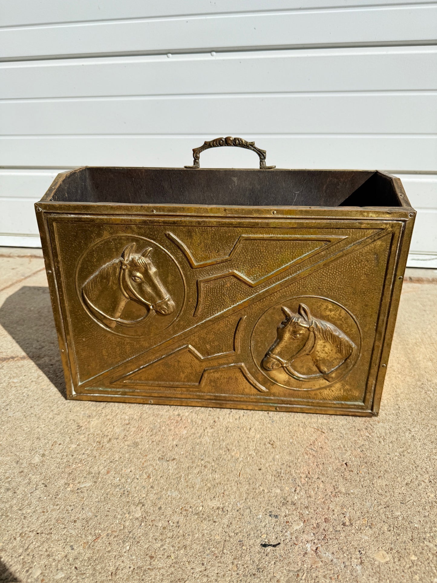 Vintage 1950s Brass & Wood Horse Magazine Holder