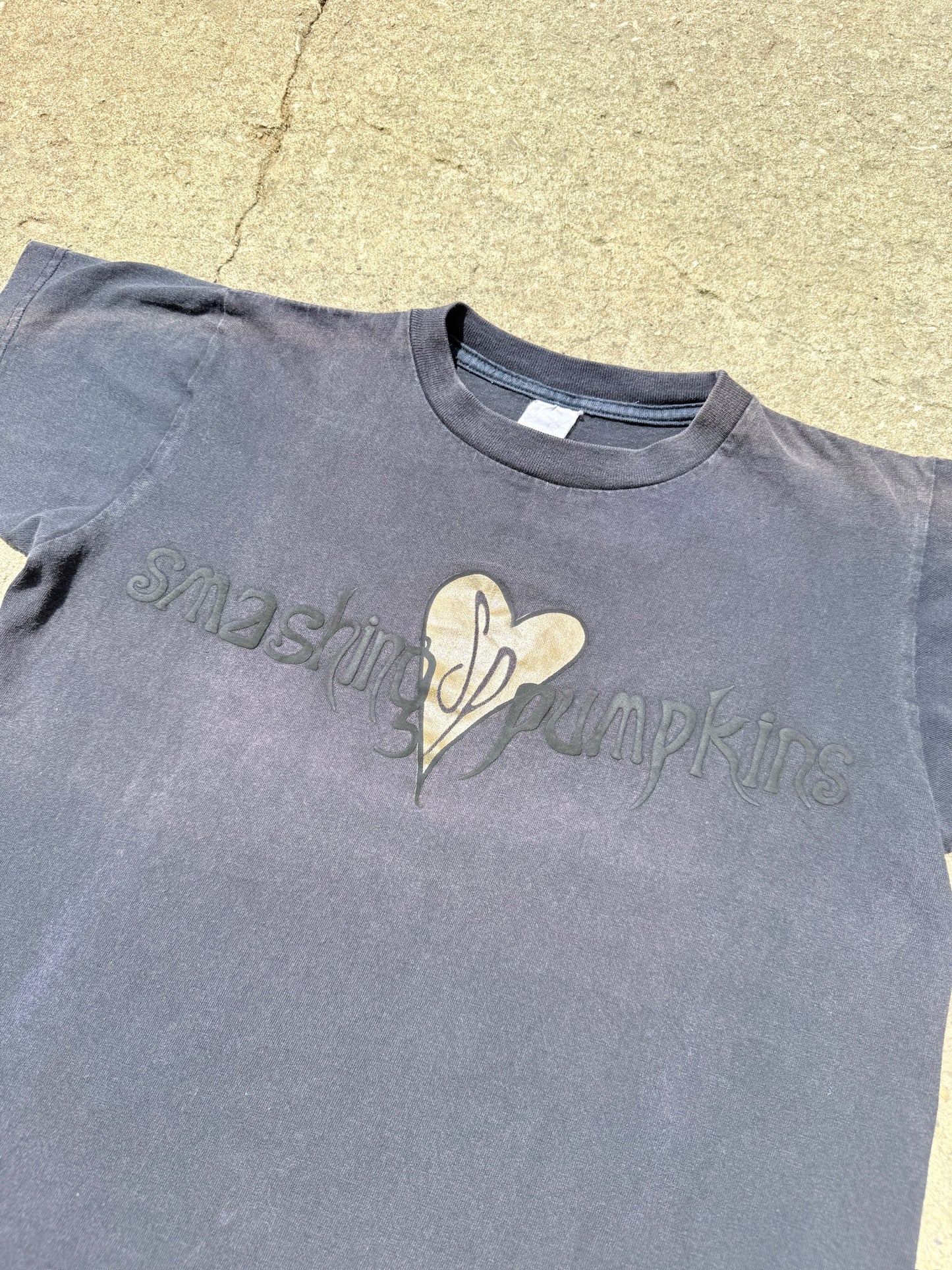 Vintage 1990s Smashing Pumpkins Washed Black Cropped Band Tee | Small