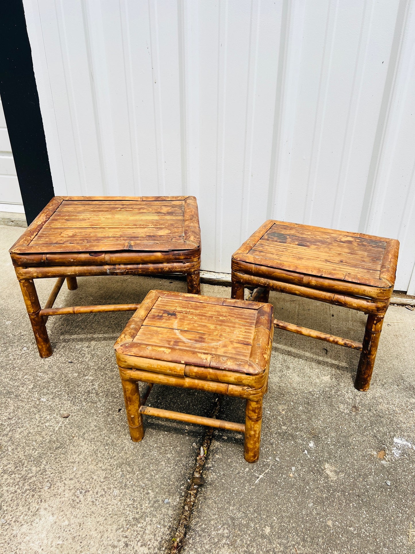 Vintage 1950s Tortoise Bamboo Planter Stools | Set of 3