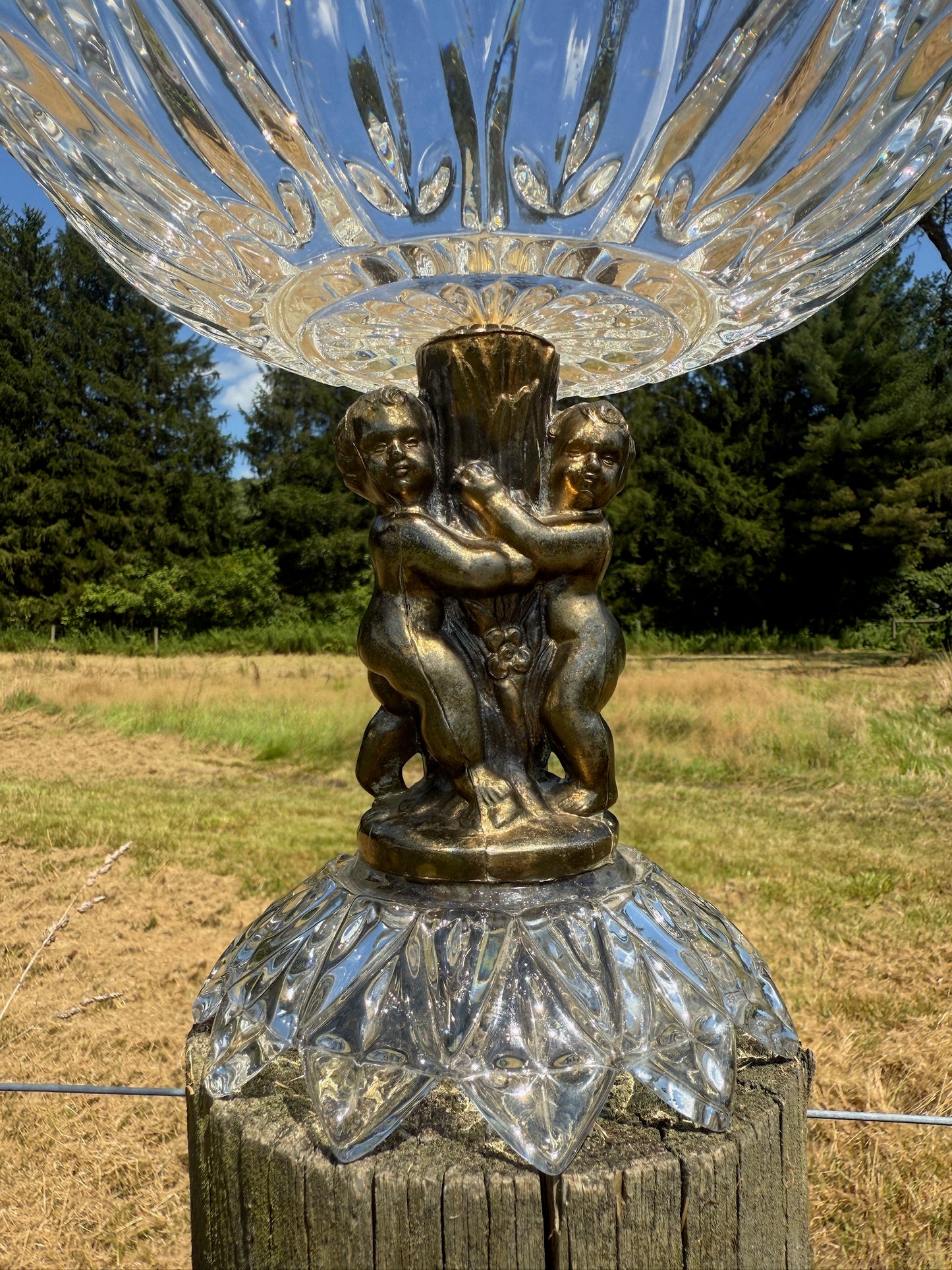 Vintage 1950s Brass & Crystal Pedestal Cherub Dish