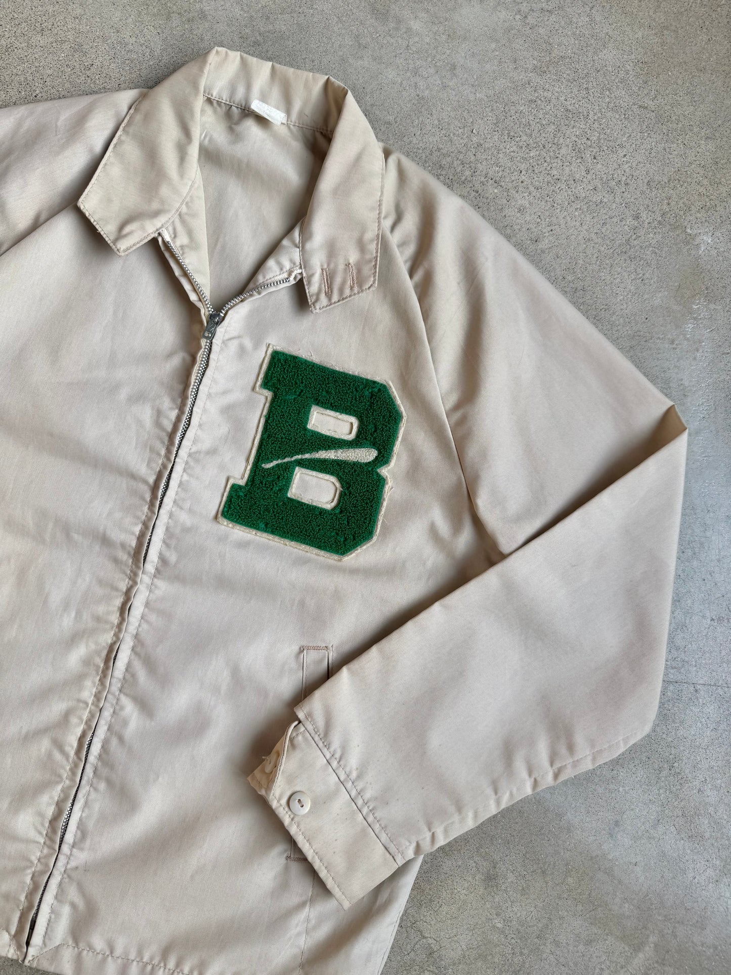 Vintage 1960s Beige Varsity "B" Patch Zip-Up Jacket | Medium