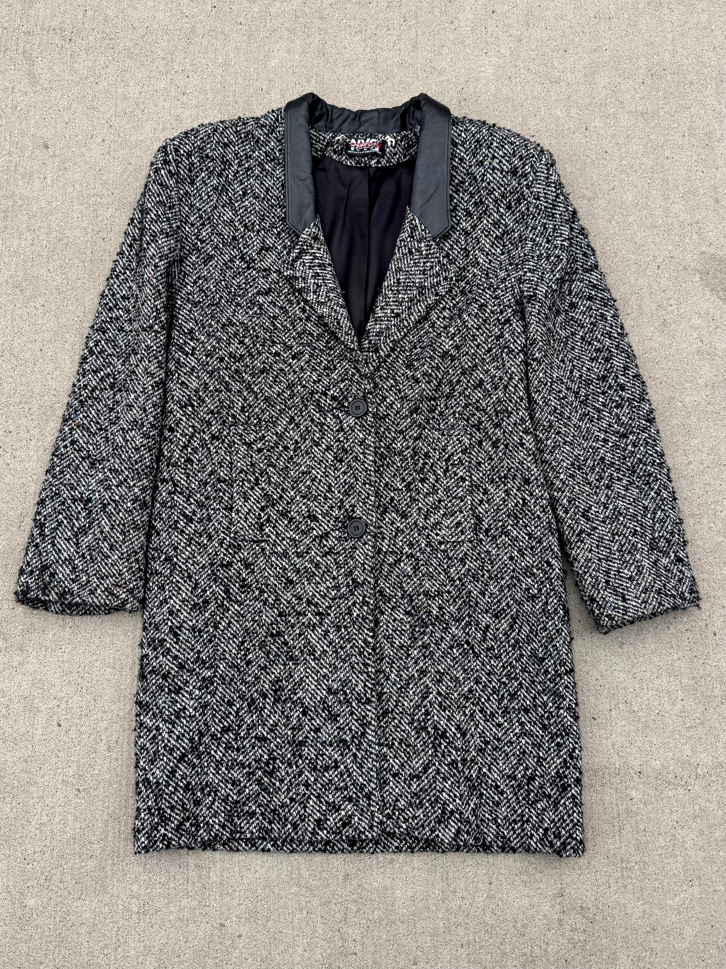 Vintage 1980s/90s New York Girl Leather Collar Tweed Overcoat | M/L