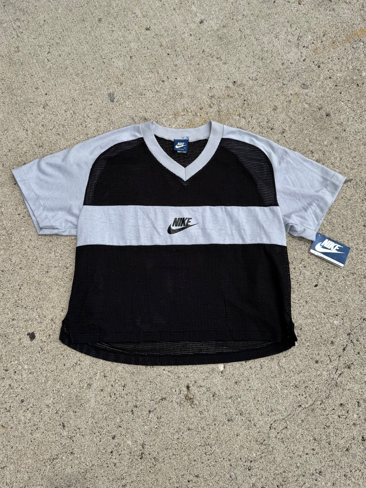 Vintage 1990s Deadstock Nike Grey & Black Mesh Cropped Tee | XL