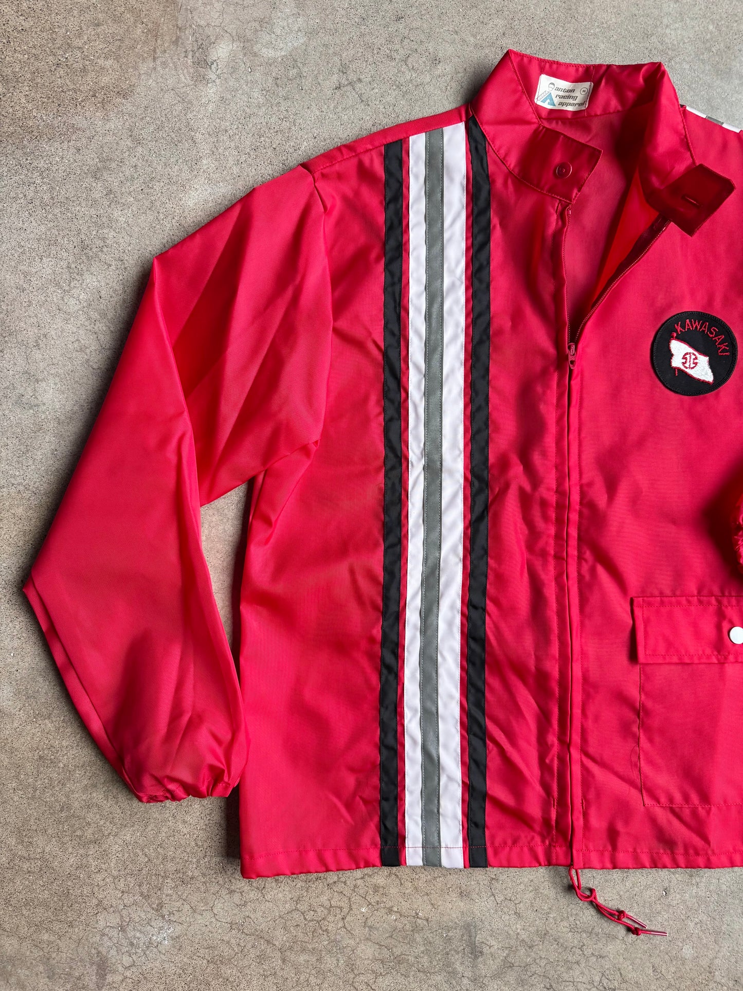 Vintage 1980s Kawasaki Striped Red Zip-Up Windbreaker Jacket | Medium