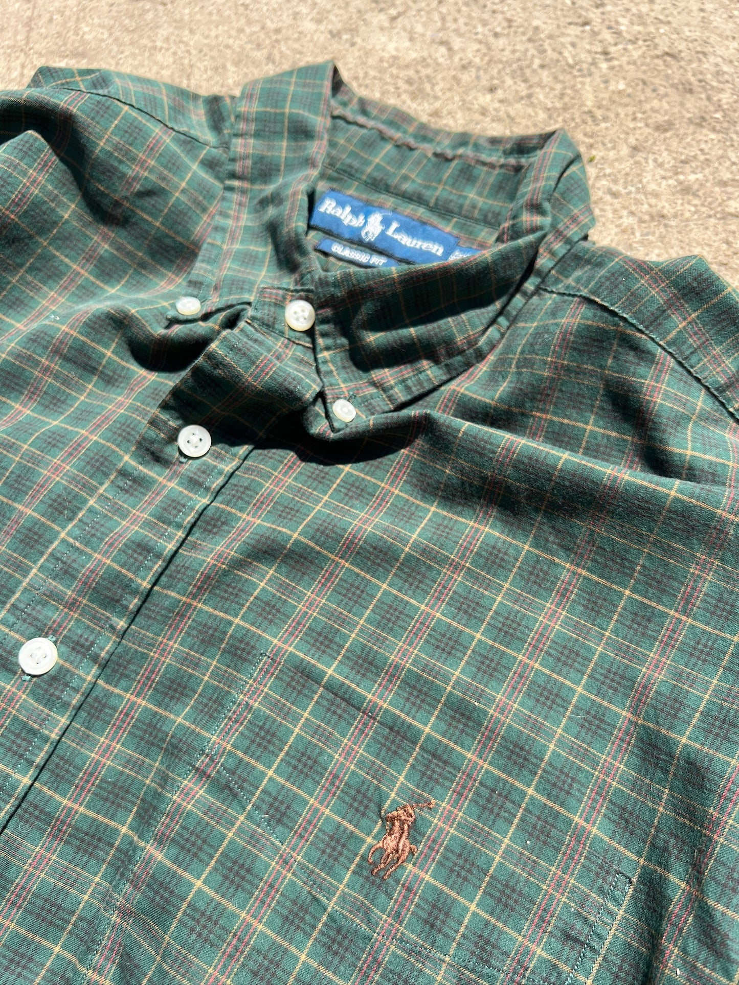 Vintage 1990s Ralph Lauren Green Plaid Cotton Button Down Shirt | XL