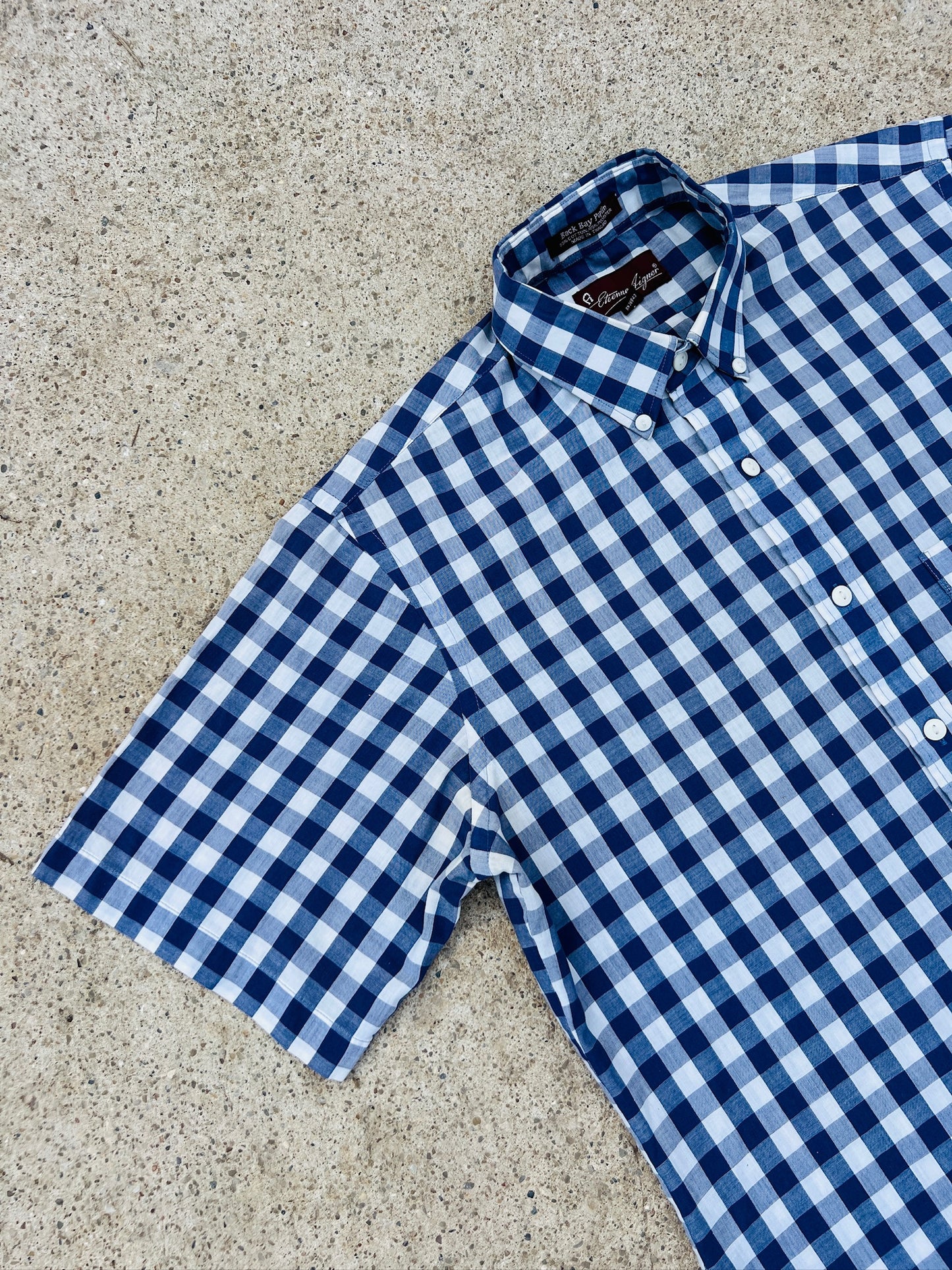Vintage 1980s Etienne Aigner Blue Gingham Short Sleeve Button Down Shirt | Medium