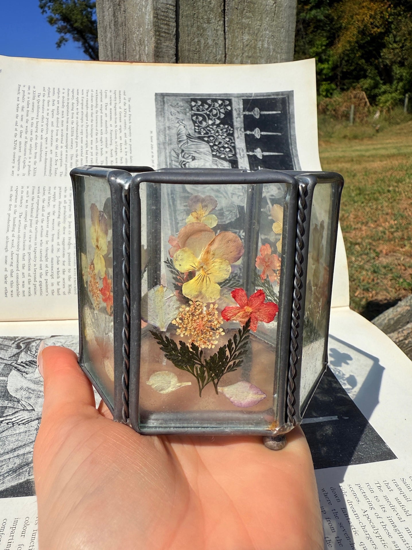 Vintage 1980s Metal & Glass Pressed Flower Tea Light Holder