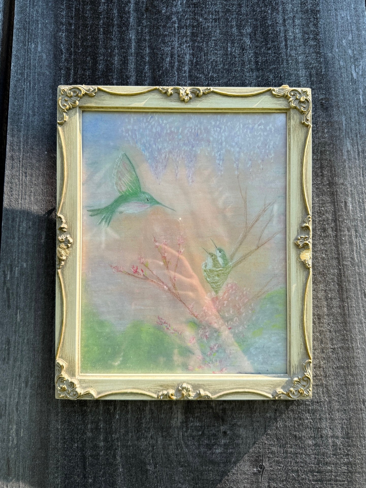 Vintage 1950s Framed Hummingbird + Nest Drawing Artwork