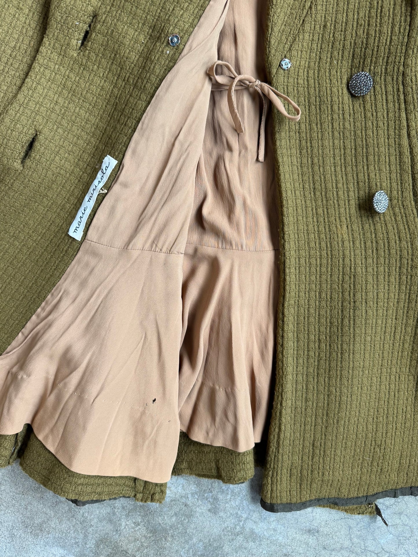 Vintage 1960s The Parisian Olive Green Wool Belted Wrap Coat | Small