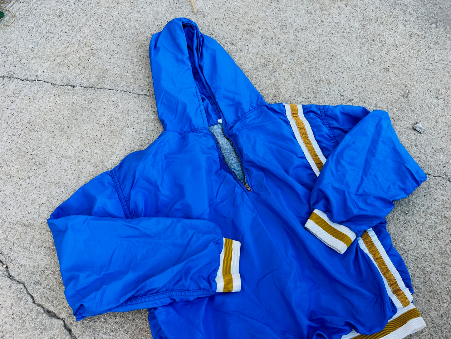 Vintage 1970s Blue Striped Half Zip Hooded Pullover Windbreaker | Large