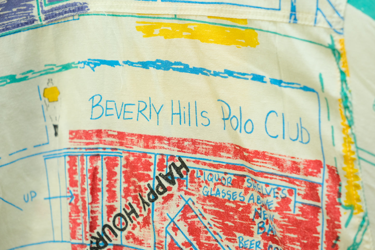 Vintage 1980s Beverly Hills Polo Club Retro Blueprint Collared Shirt | Medium