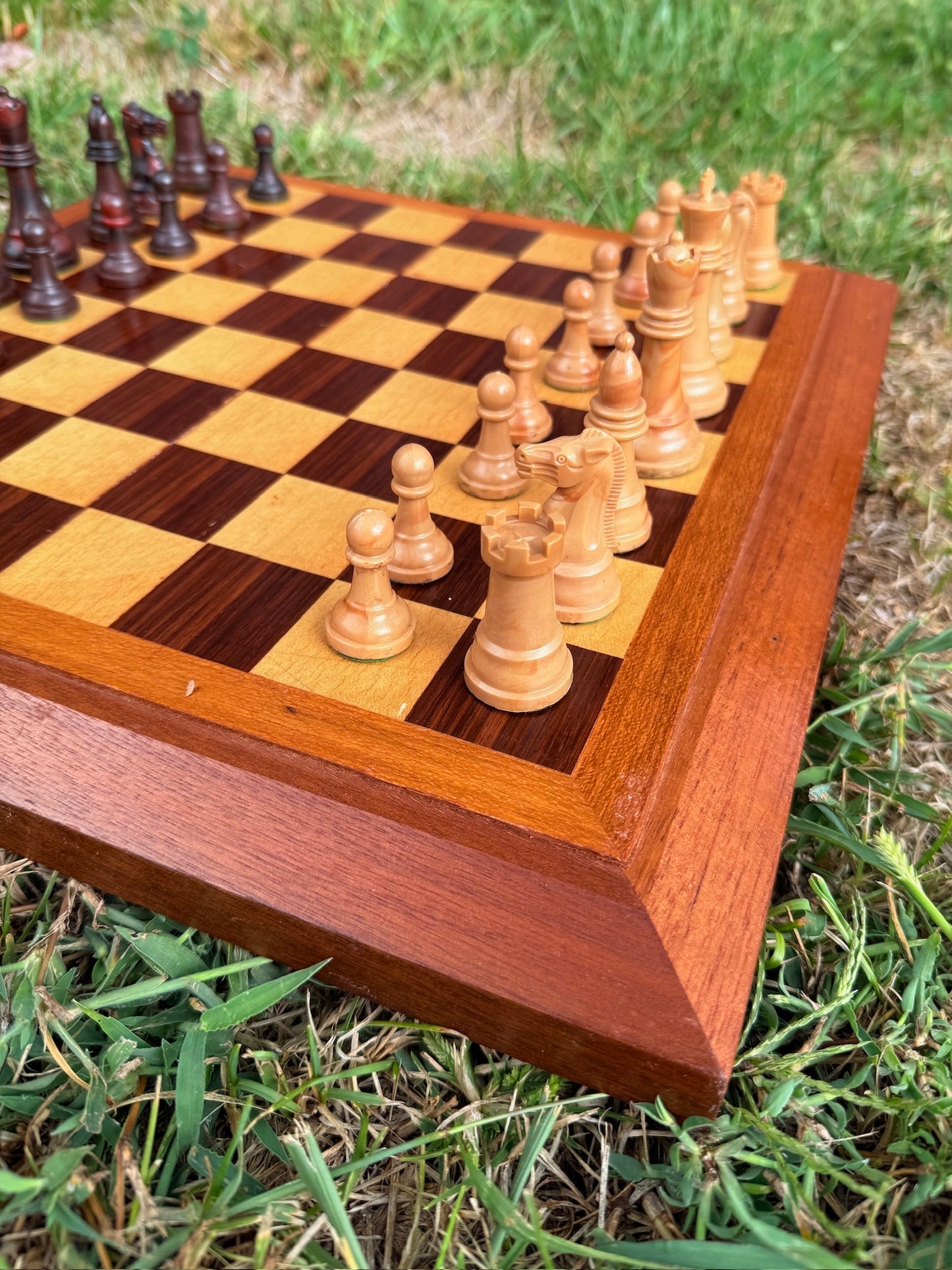 Vintage 1960s Wood Folding Chess Board w/ Chess Pieces