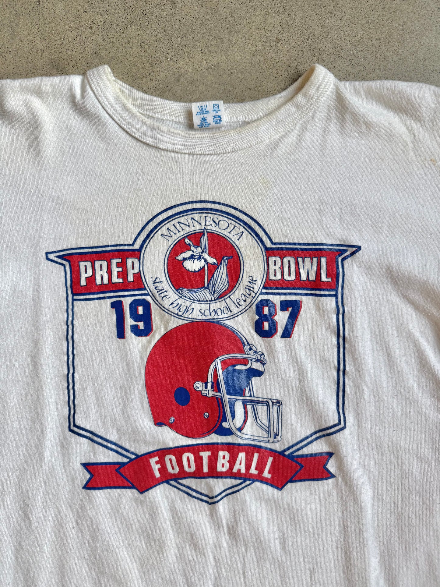Vintage 1980s Champion Minnesota State High School League Prep Bowl White Cotton Tee | XL