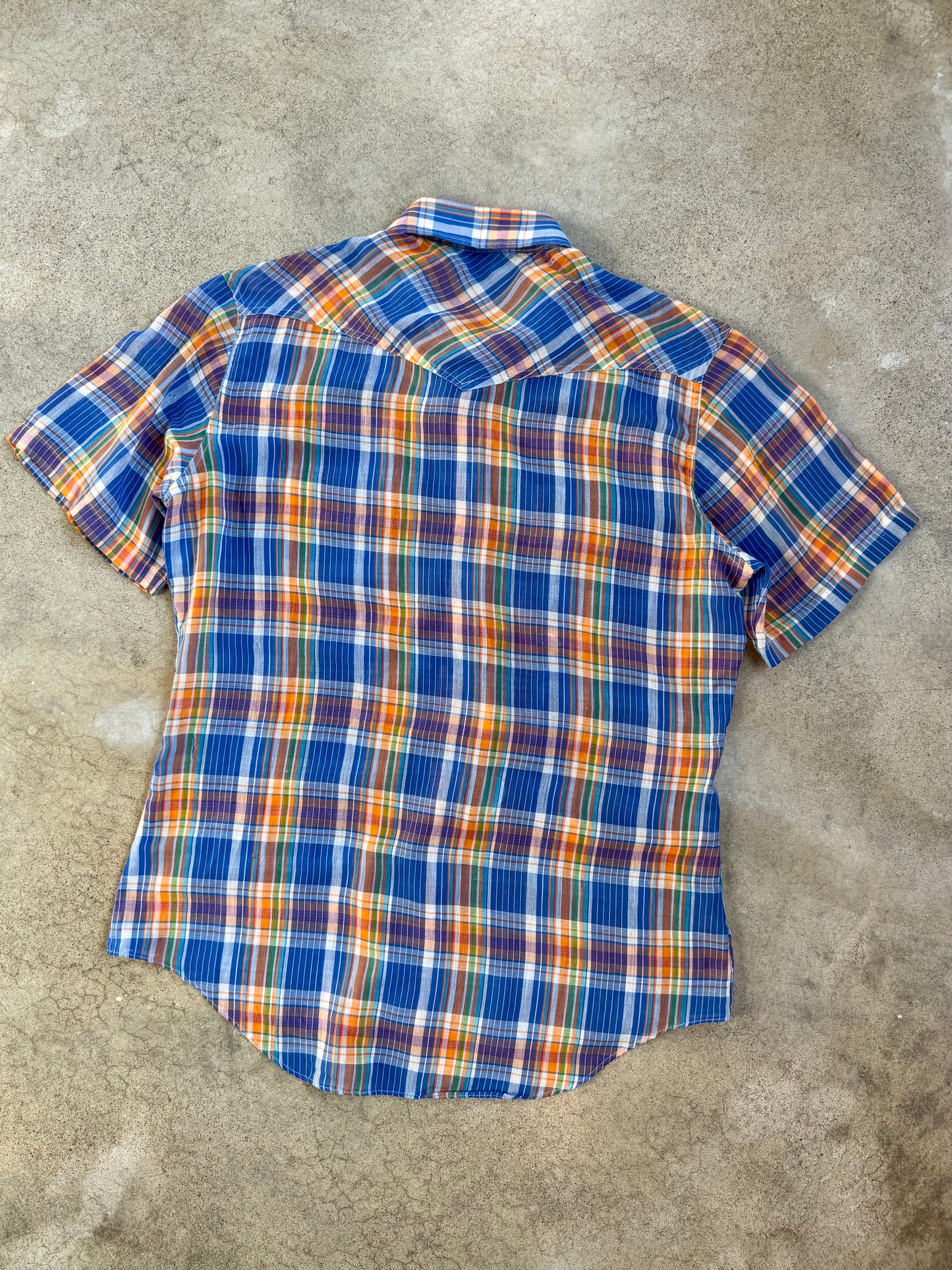 Vintage 1970s Sears Blue & Orange Plaid Western Pearl Snap Short Sleeve Shirt | Medium