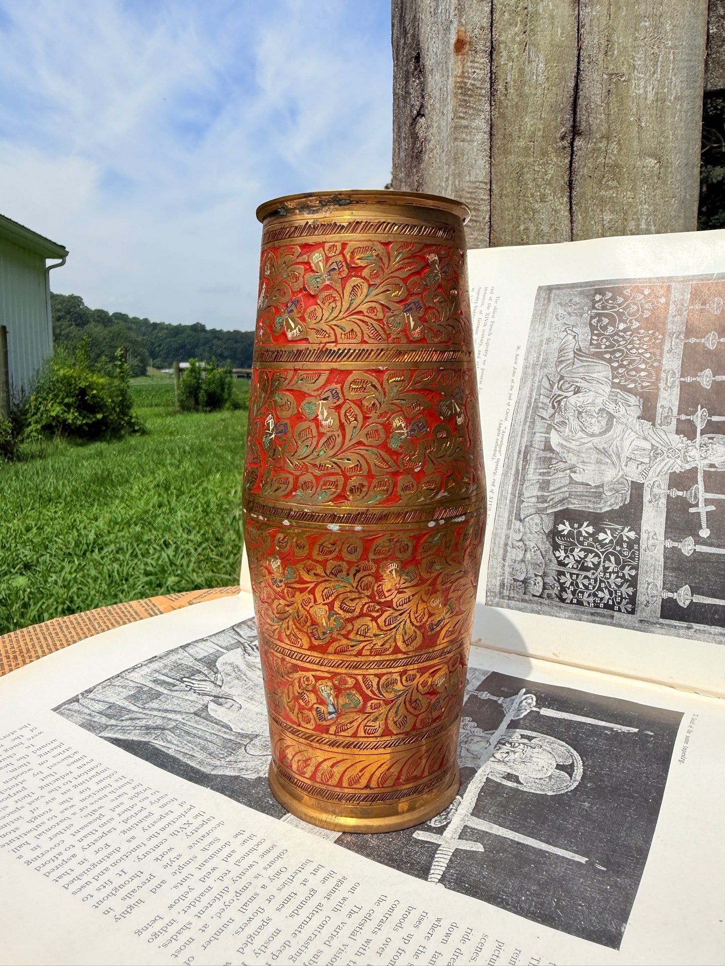 Vintage 1950s Solid Brass Floral Etched Vase