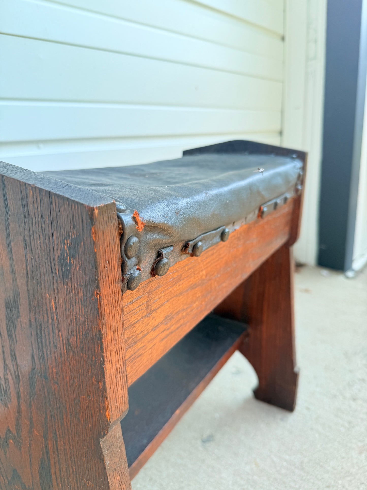 Antique 1920s Arts & Crafts Style Oak & Leather Stool