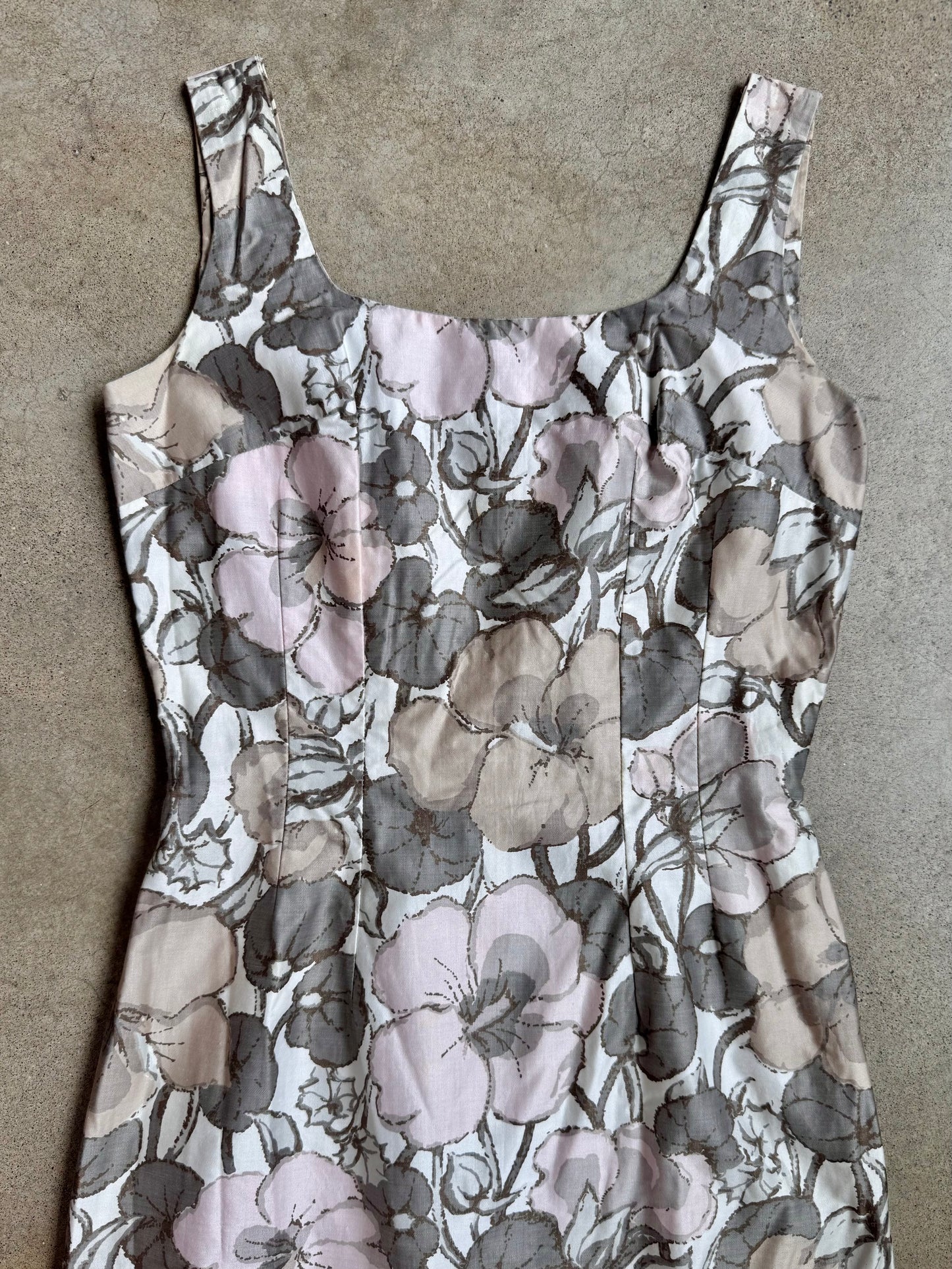 Vintage 1960s Muted Floral Cotton Sheath Dress | Small