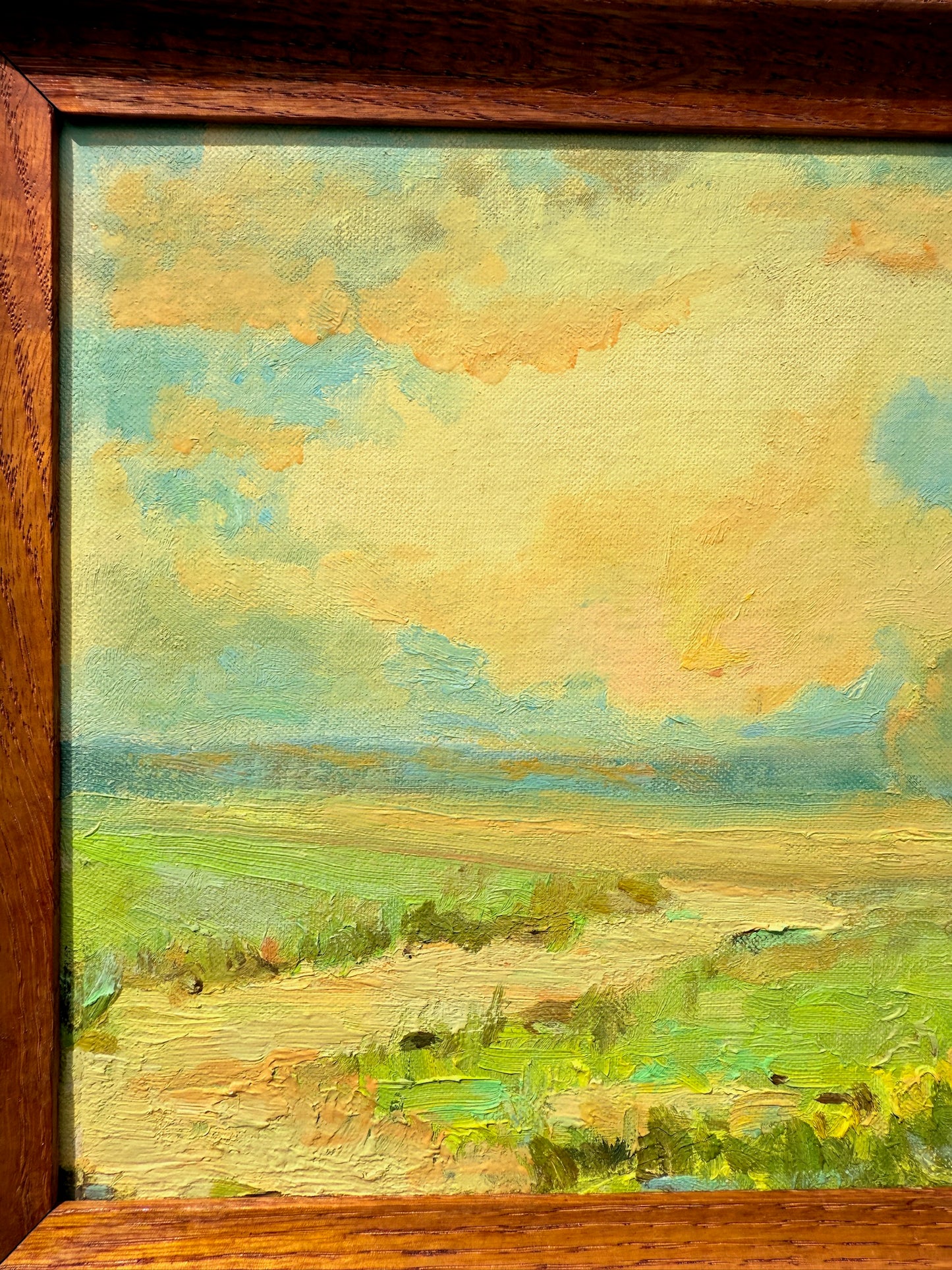 Vintage 1950s Wood Framed Meadow Landscape Oil Painting