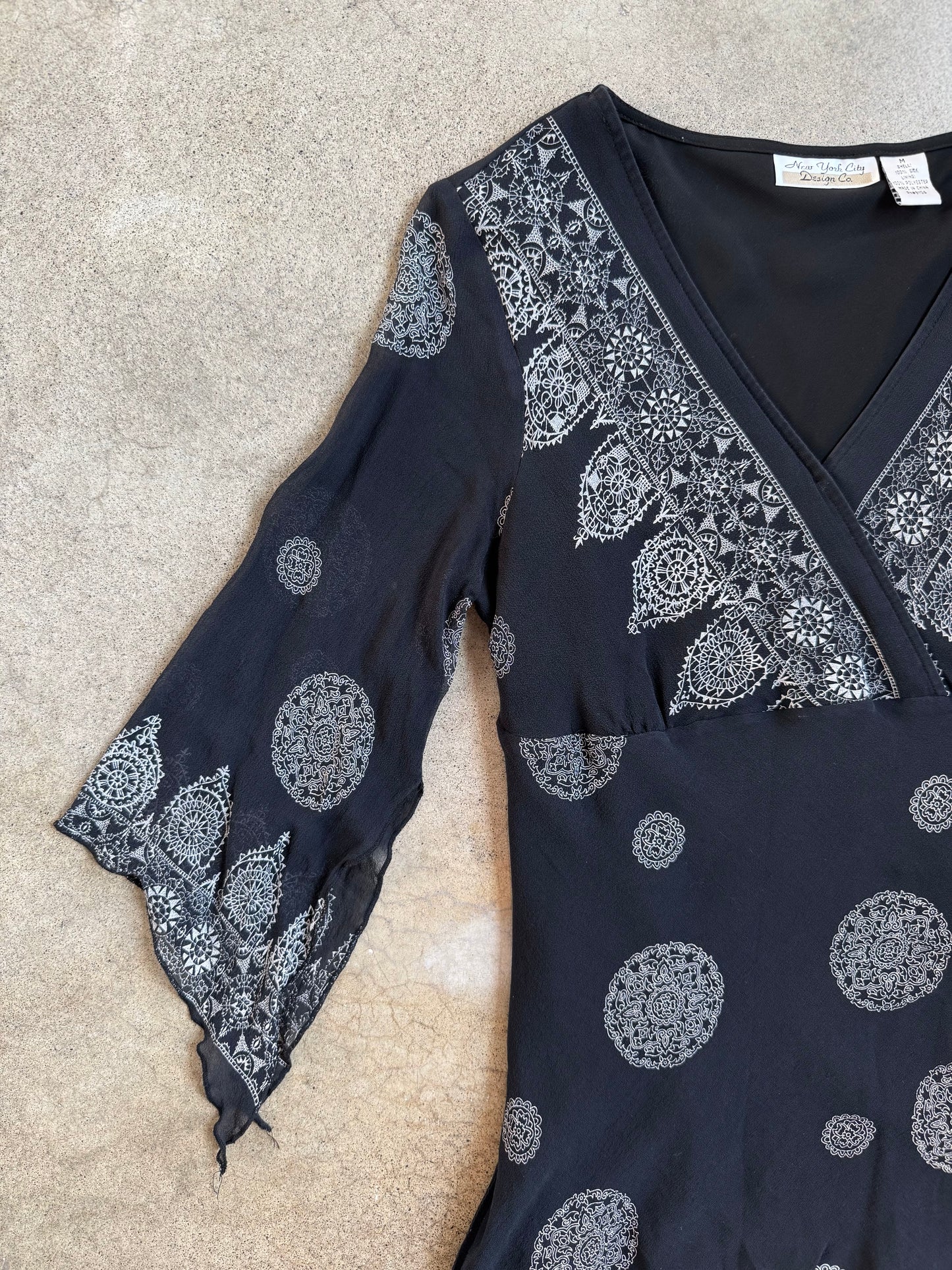 Vintage 1990s New York City Design Co. 100% Silk Black Patterned Blouse | Medium