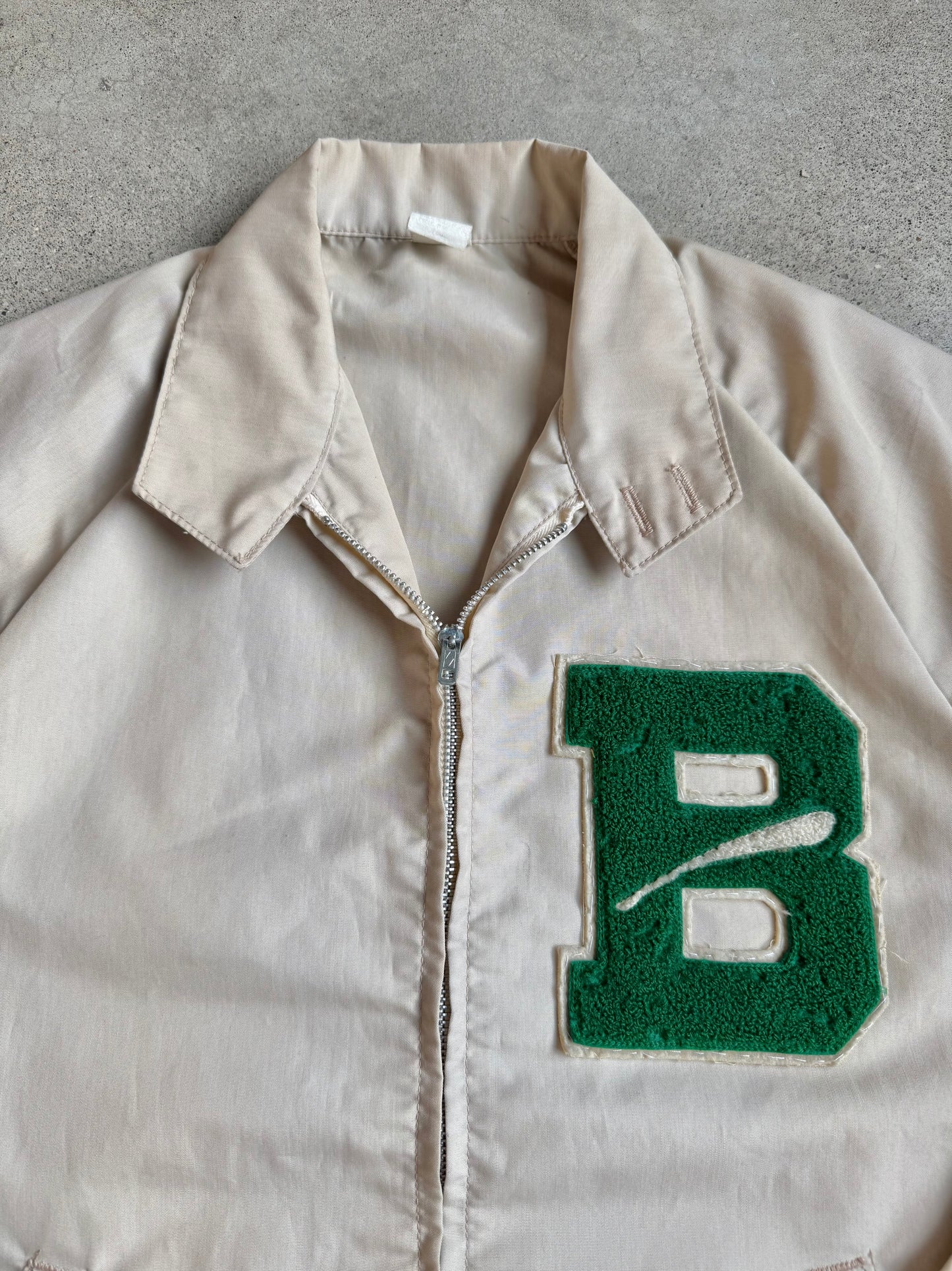 Vintage 1960s Beige Varsity "B" Patch Zip-Up Jacket | Medium