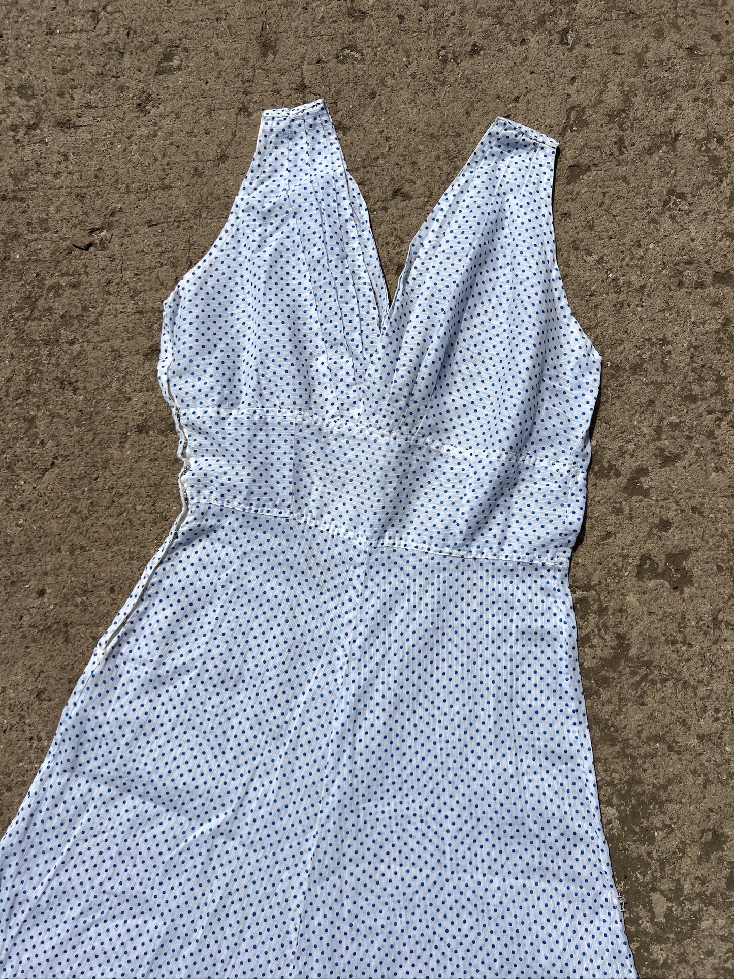 Vintage 1950s Blue Polka Dot Plunge Midi Dress | XS