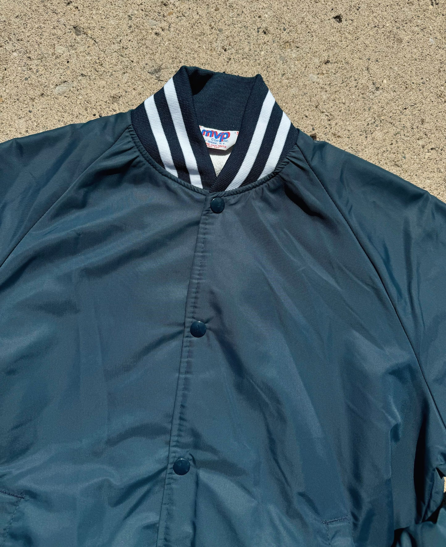 Vintage 1980s Marietta College Navy Varsity Bomber Jacket | Small