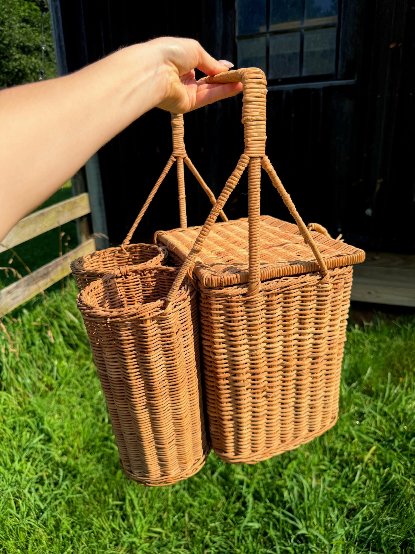 Vintage 1950s Wicker Woven Picnic Basket w/ Tablecloth & Glasses