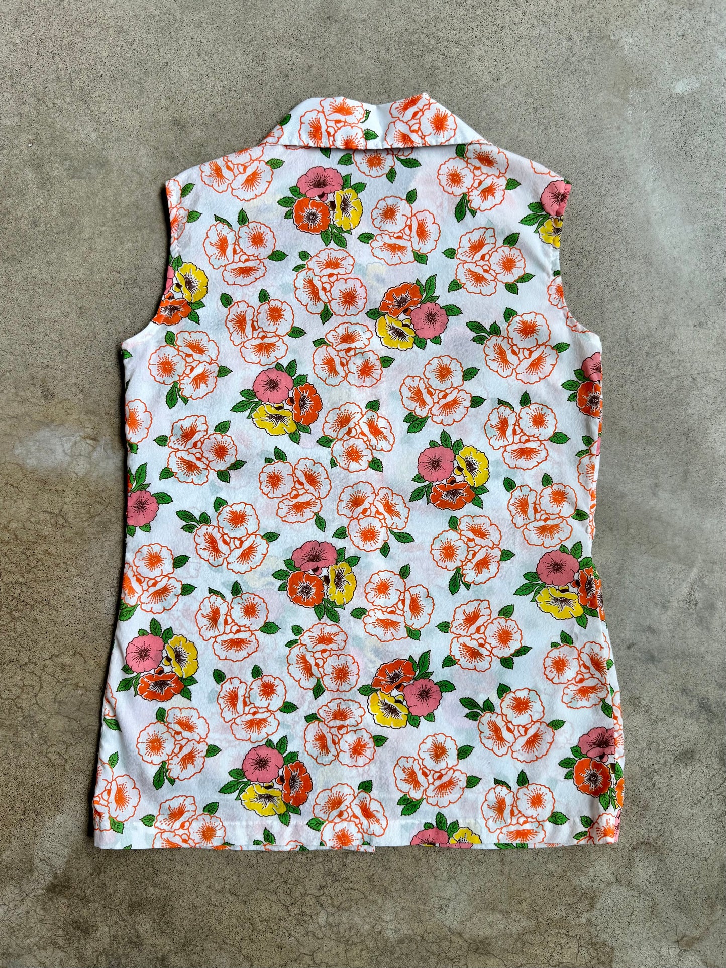 Vintage 1970s Miss Holly Multi-Color Floral Print Sleeveless Blouse | Medium