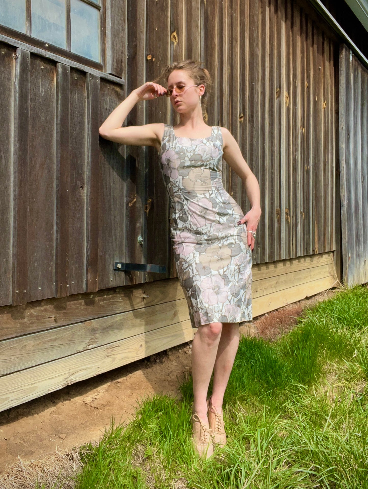 Vintage 1960s Muted Floral Cotton Sheath Dress | Small