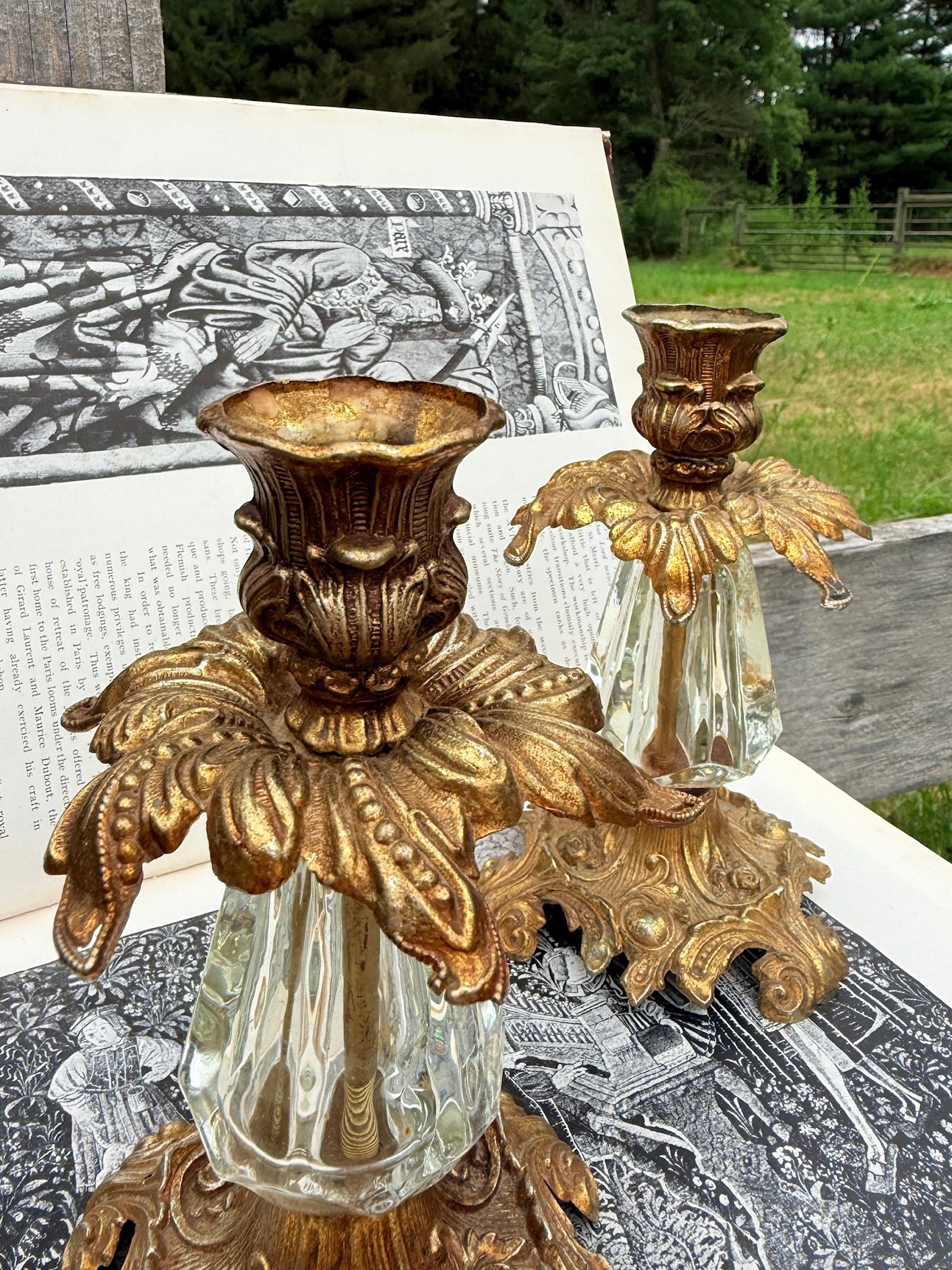 Vintage 1970s Loevsky & Loevsky Ornate Brass & Glass Candlestick Holders | Set of 2