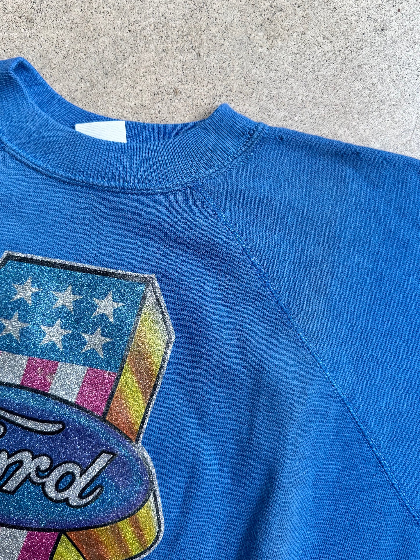 Vintage 1978 Ford Glitter Graphic Blue Short Sleeve Sweatshirt | XL