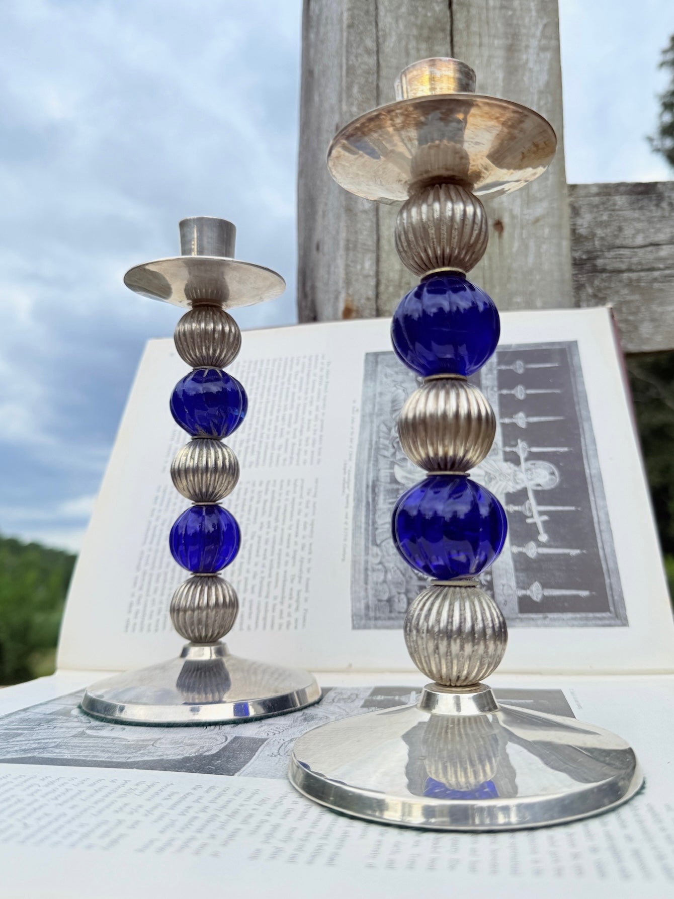 Vintage 1970s/80s Blue & Silver-Plated Stacked Orb Candlestick Holders | Set of 2