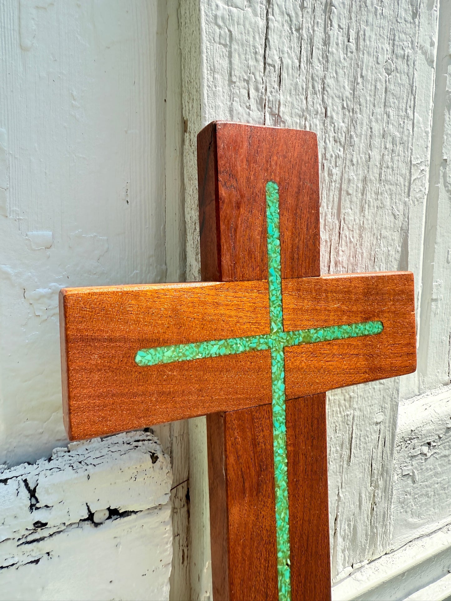 Vintage 1960s Wood & Turquiose Inlay Cross Wall Hanging