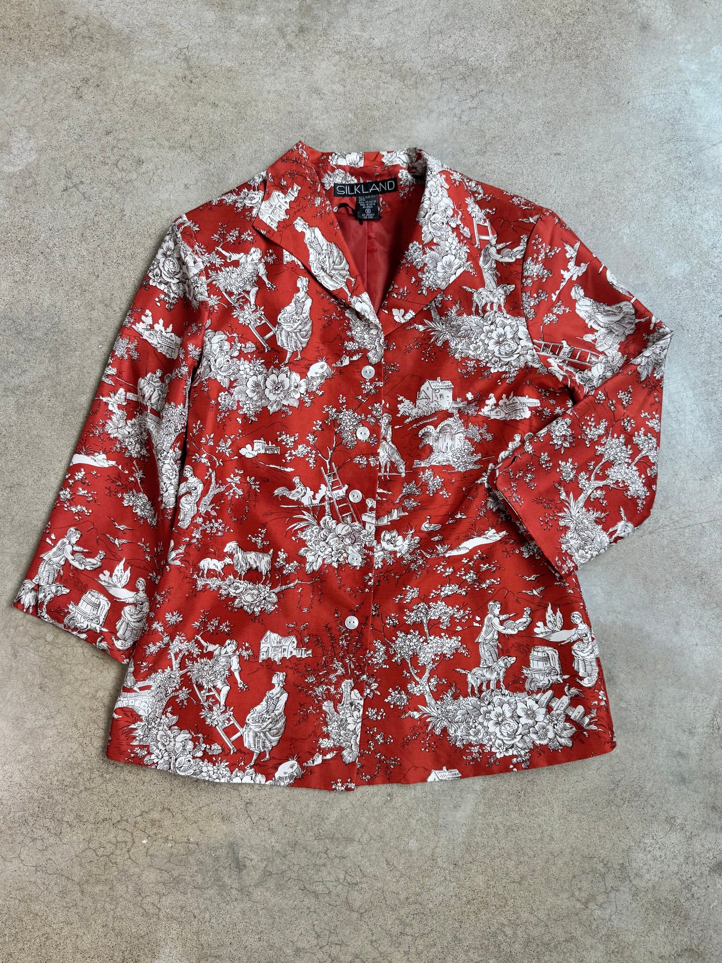Vintage 1990s Silkland Red Toile Print Silk Blazer | Medium