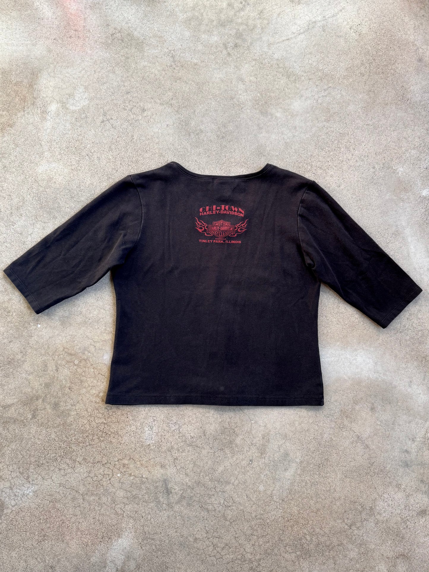 2000s Chi-Town Harley Davidson Cropped Cotton V-Neck Graphic Tee | Large