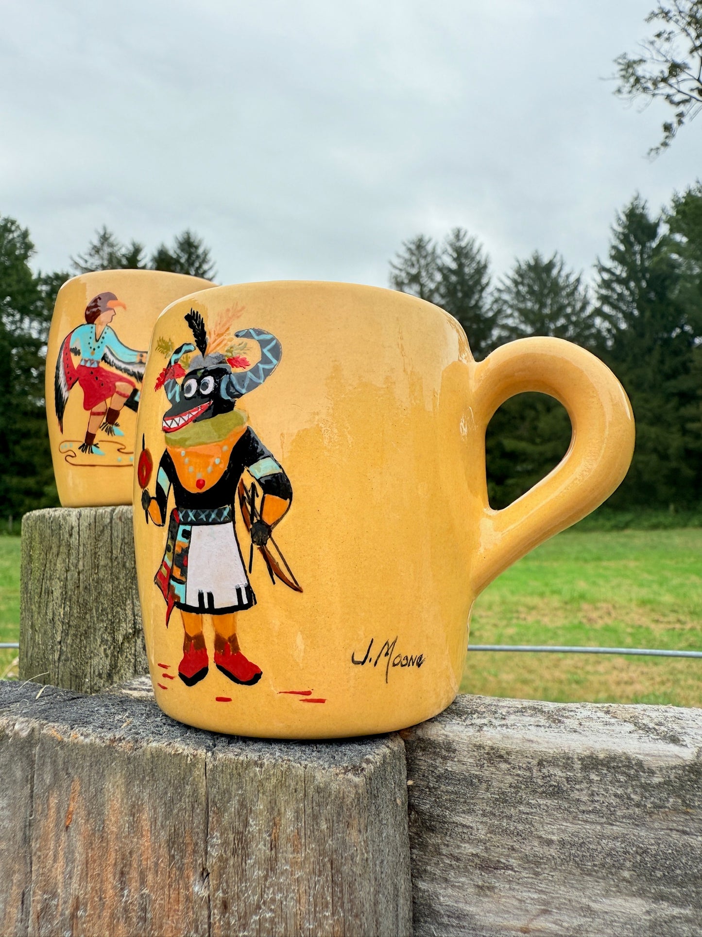 Vintage 1950s J. Moore Hand-Painted Ceramic Native American Coffee Mugs | Set of 5