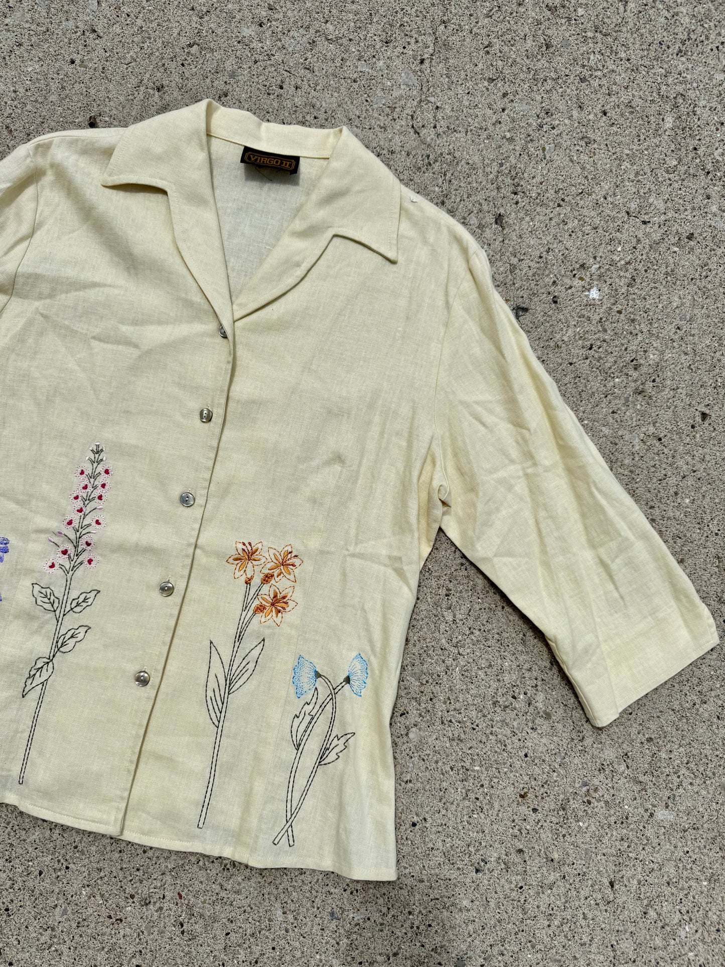 Vintage 1980s Virgo II Yellow Floral Embroidered Linen Blouse | Large
